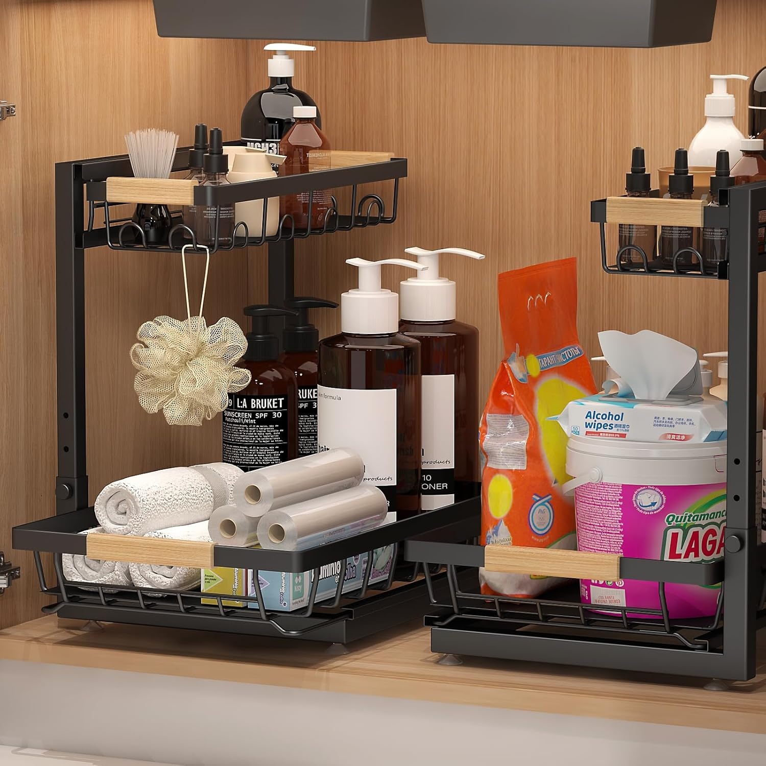 image:image2 Tier Fruit Basket for Kitchen Counter with 2 Banana Hangers 2 Packe of Metal Under Sink Organizers for Kitchen and Bathroom