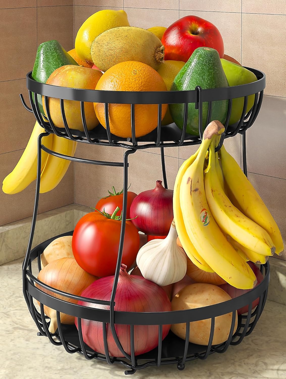 image:image2 Tier Fruit Basket for Kitchen Counter with 2 Banana Hangers 2 Packe of Metal Under Sink Organizers for Kitchen and Bathroom