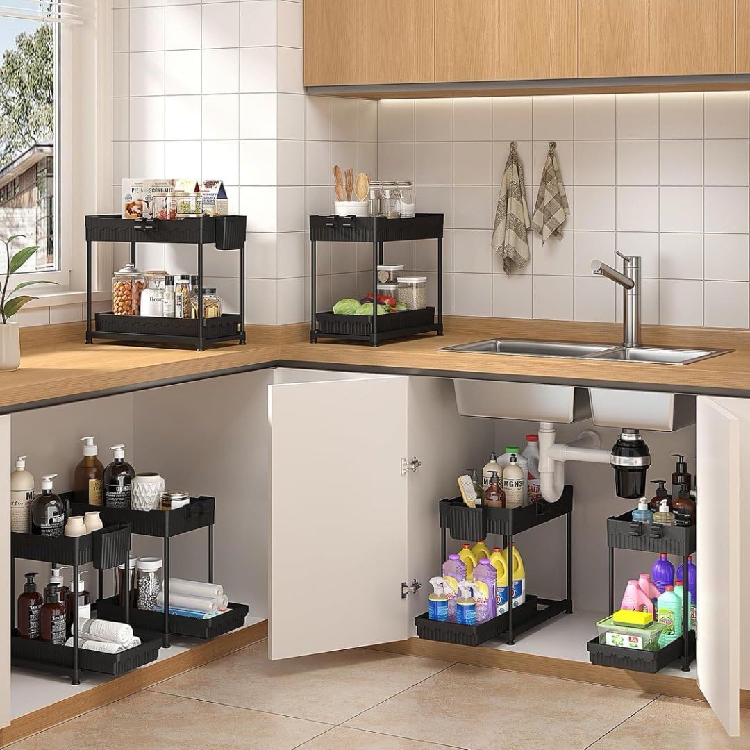 image:image2 Tier Fruit Basket for Kitchen Counter with 2 Banana Hangers 3 Packe of MultiUse Under Sink Organizers for Kitchen and Bathroom