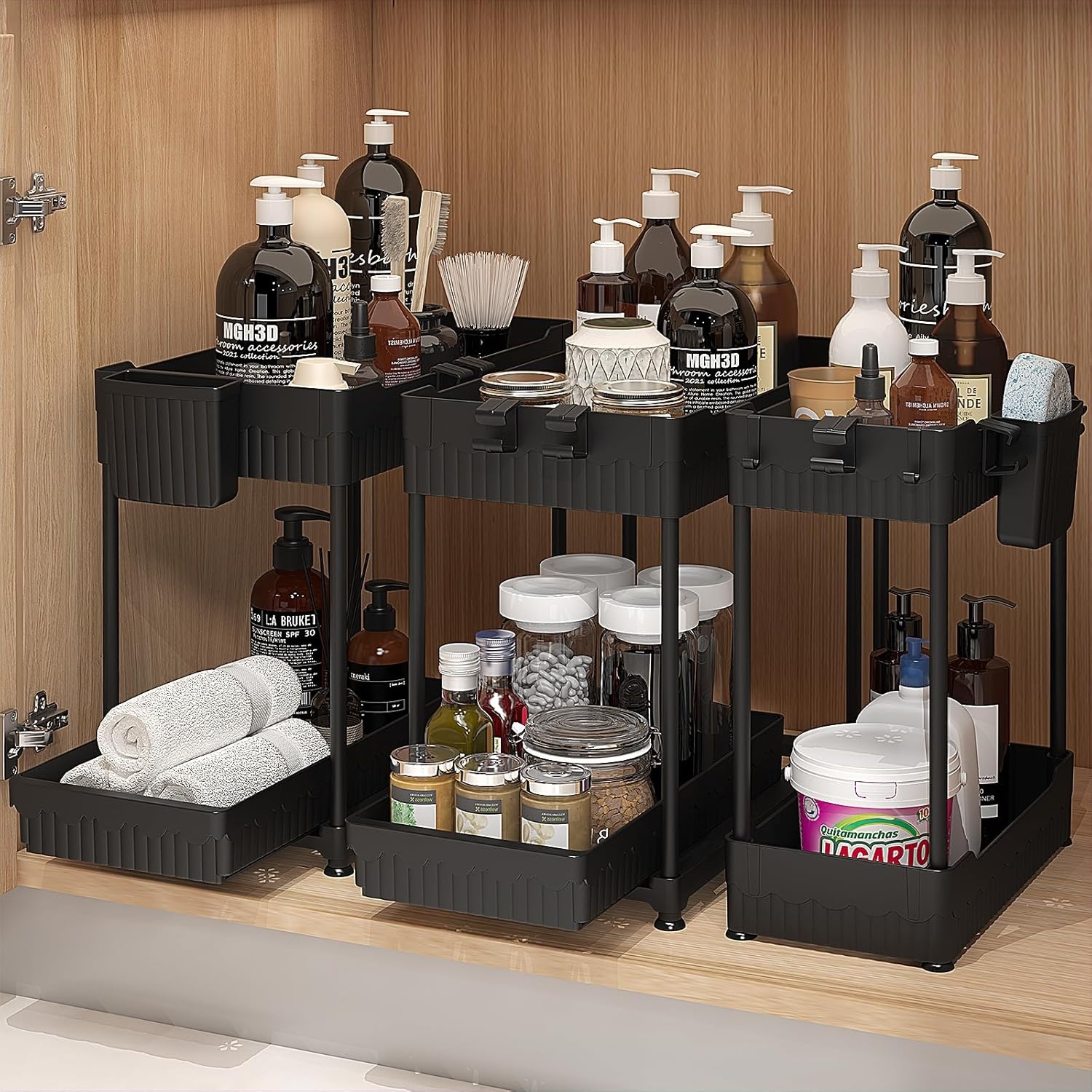 image:image2 Tier Fruit Basket for Kitchen Counter with 2 Banana Hangers 3 Packe of MultiUse Under Sink Organizers for Kitchen and Bathroom