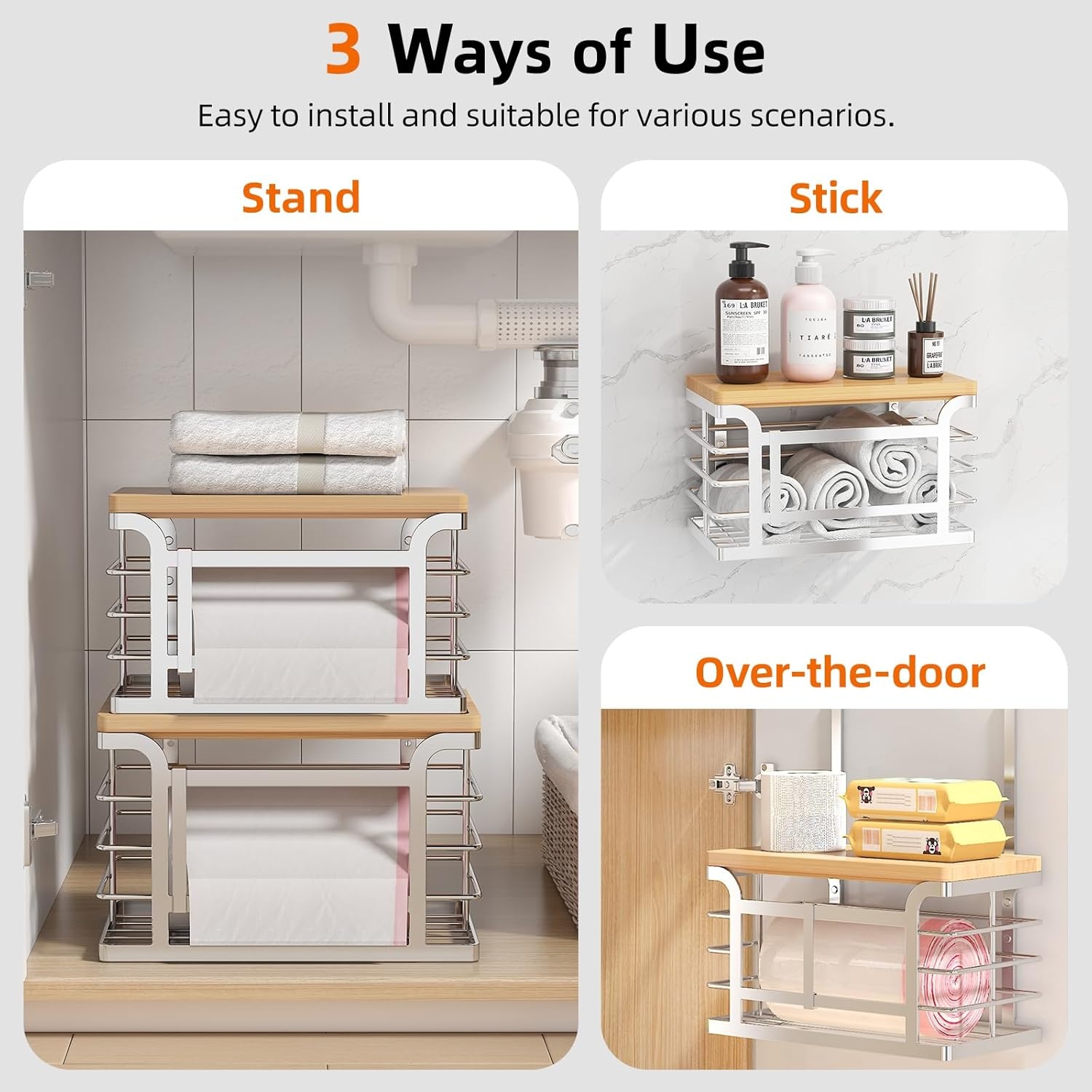 image:imageSevenblue 2 Pack Stackable Trash Bag Holder with Bamboo Top 2025 Pro Wall Mount Laundry Room Organization Djustable Hooks for Cabinet Door Organizers in KitchenPantryLaundry Room Silvery
