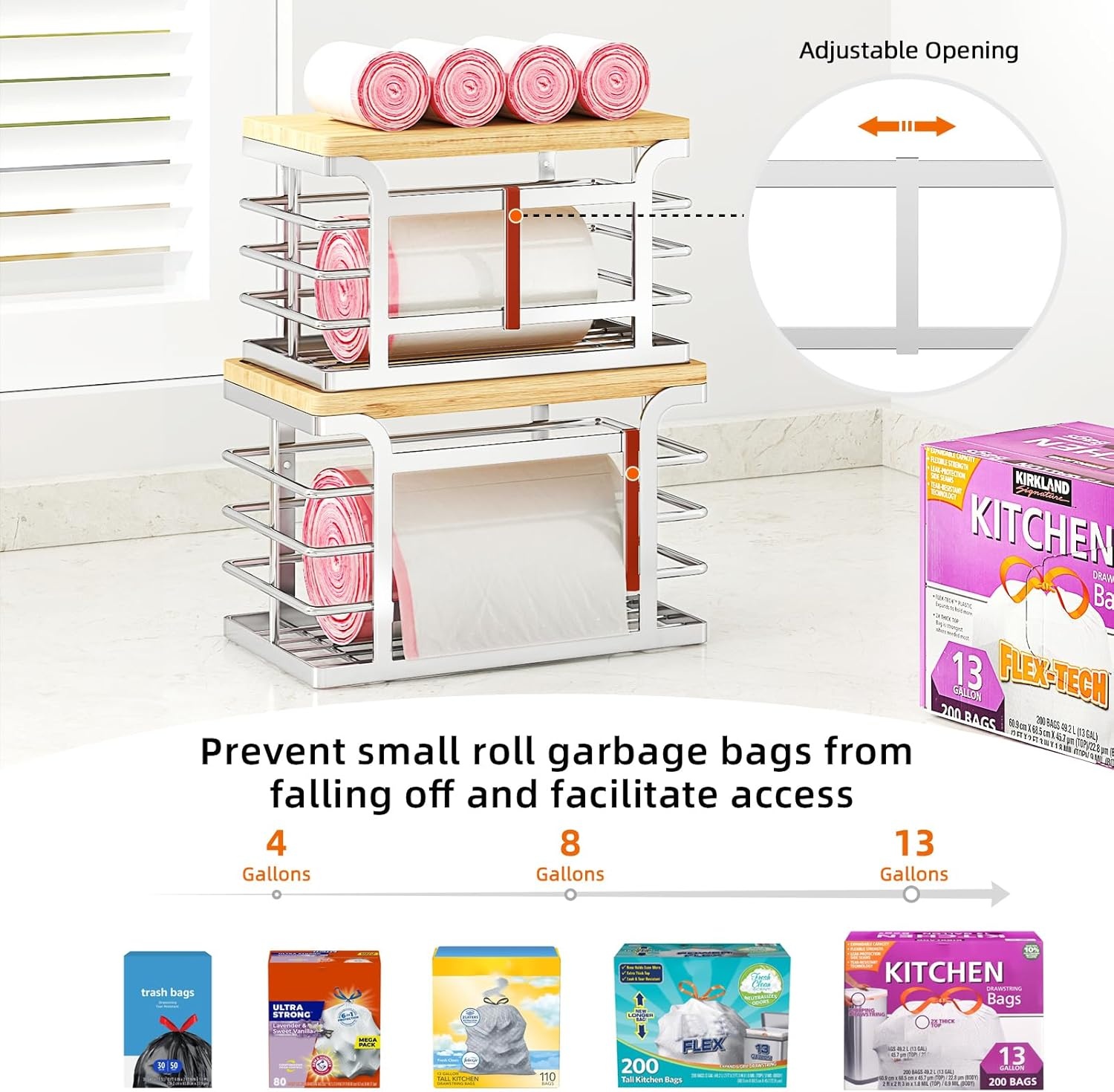 image:imageSevenblue 2 Pack Stackable Trash Bag Holder with Bamboo Top 2025 Pro Wall Mount Laundry Room Organization Djustable Hooks for Cabinet Door Organizers in KitchenPantryLaundry Room Silvery
