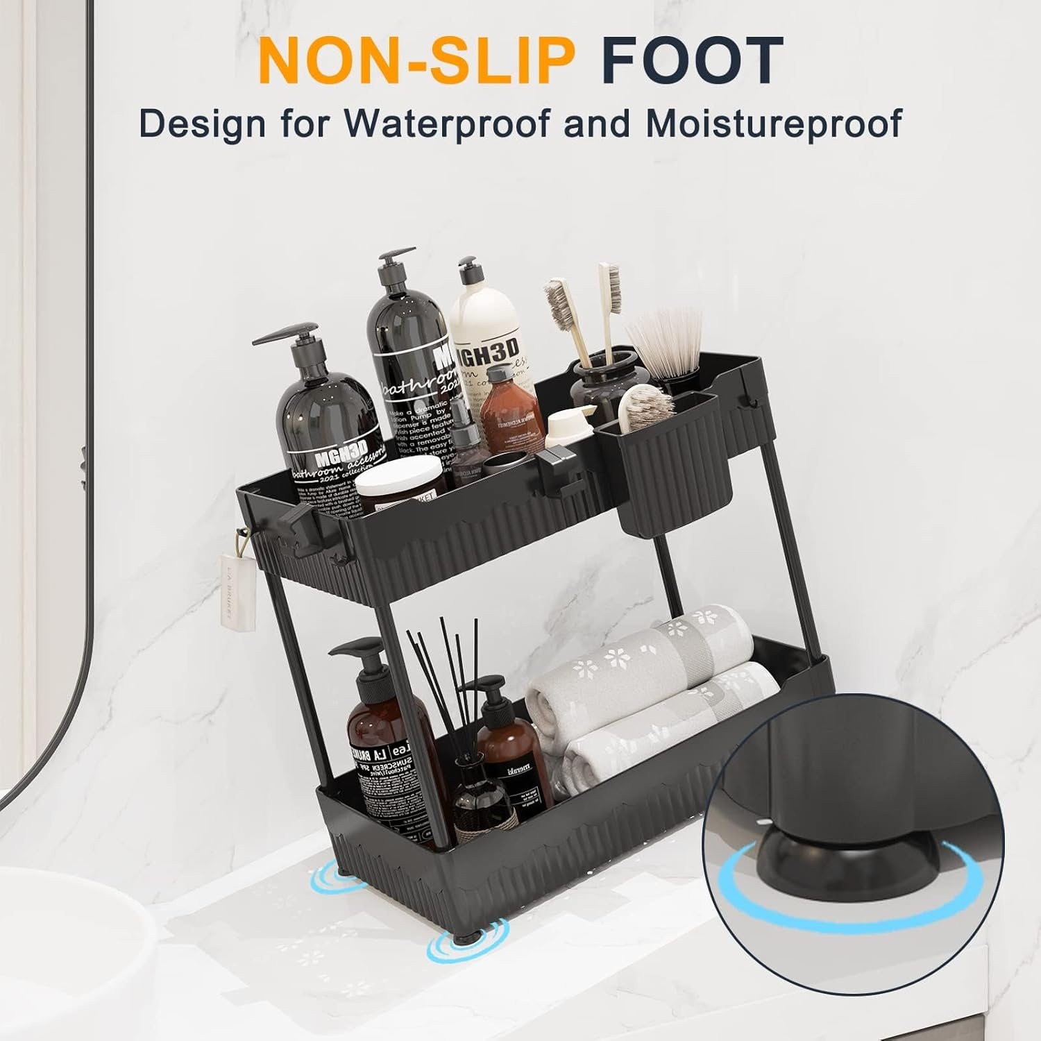 image:imageSevenblue 2 Pack Under Sink Organizer Under Bathroom Cabinet Organizer with Hooks Hanging Cup MultiPurpose Storage Shelf for Kitchen Bathroom BlackBlack