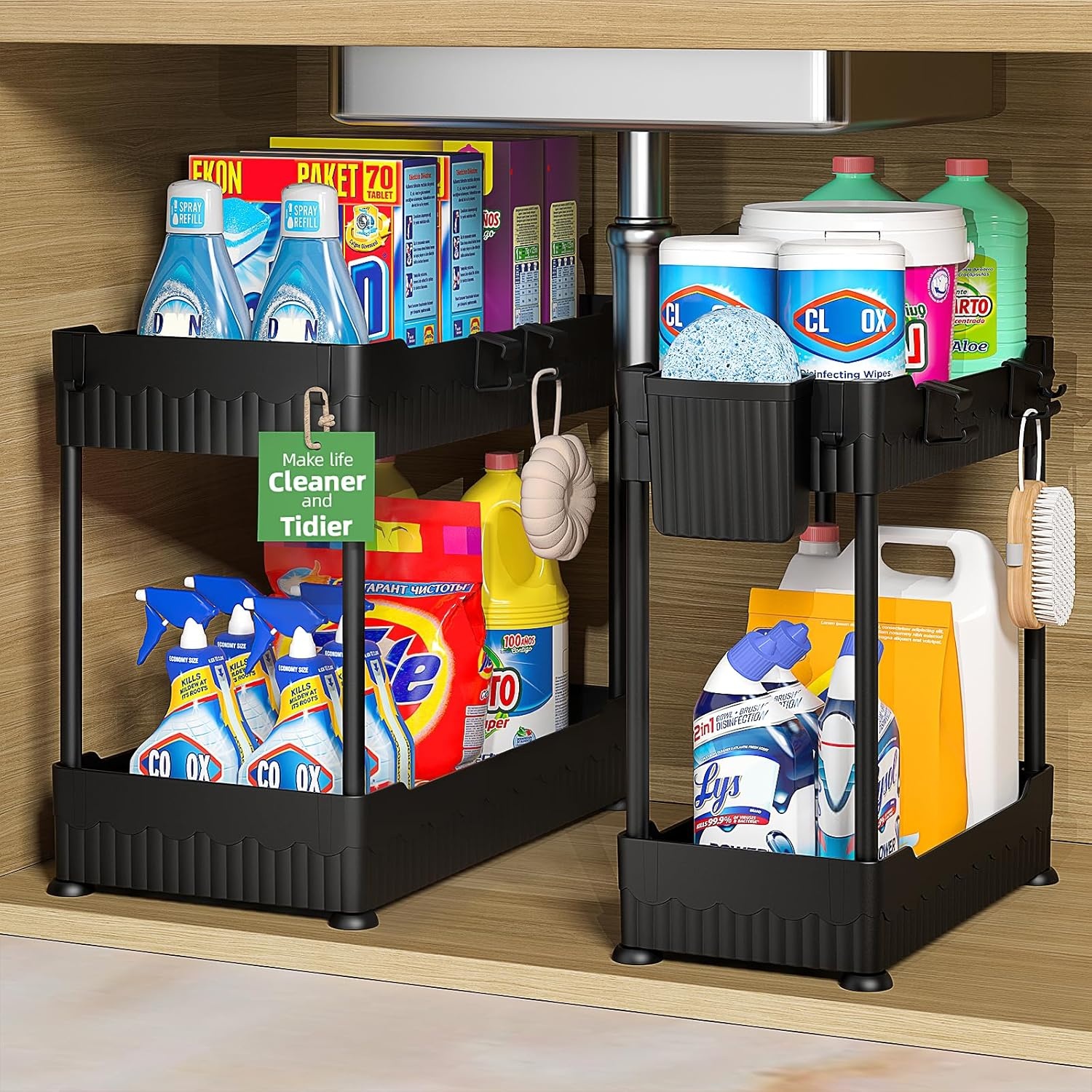 image:imageSevenblue 2 Pack Under Sink Organizer Under Bathroom Cabinet Organizer with Hooks Hanging Cup MultiPurpose Storage Shelf for Kitchen Bathroom BlackBlack