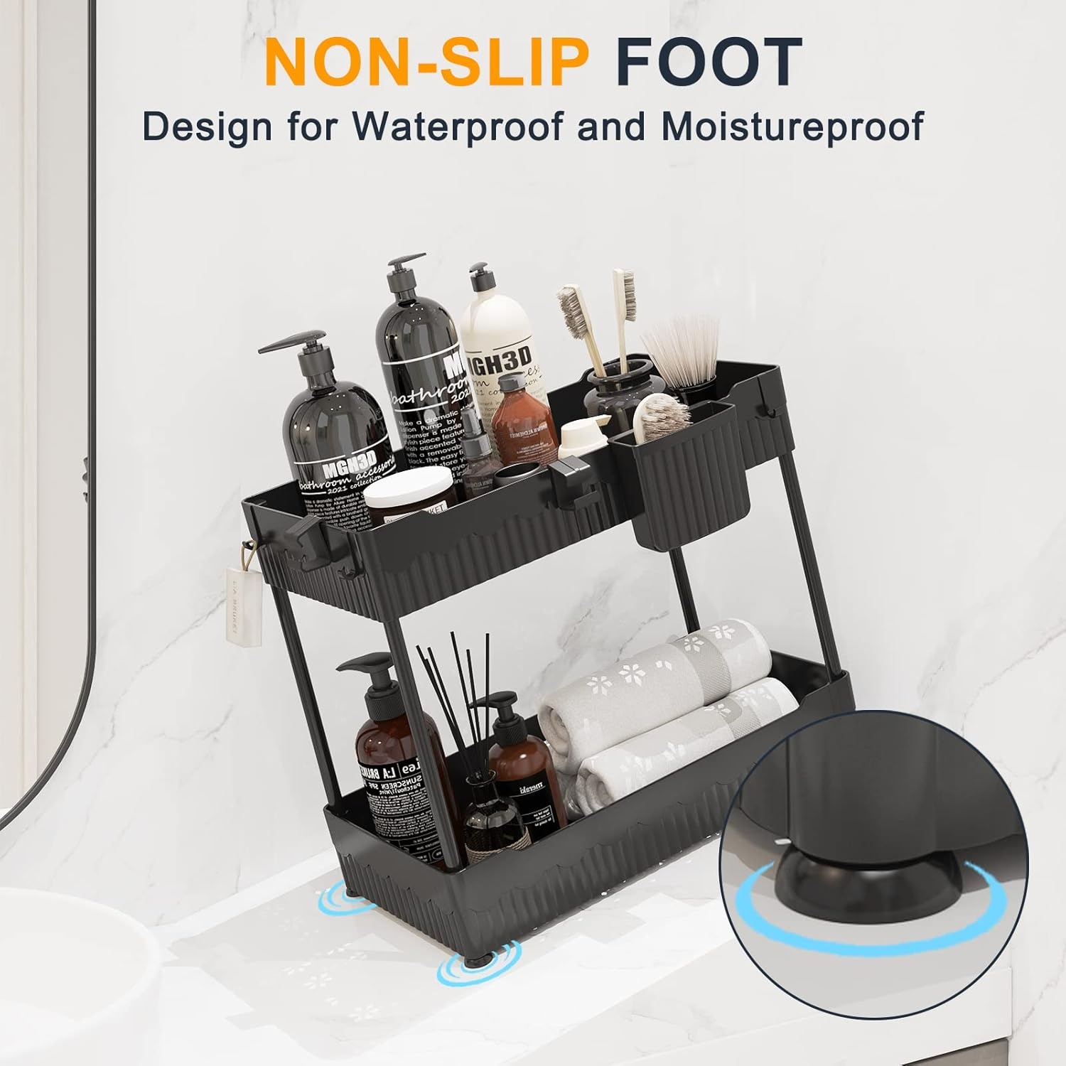 image:imageSevenblue 2 Pack Under Sink Organizer Under Bathroom Cabinet Organizer with Hooks Hanging Cup MultiPurpose Storage Shelf for Kitchen Bathroom BlackBlack