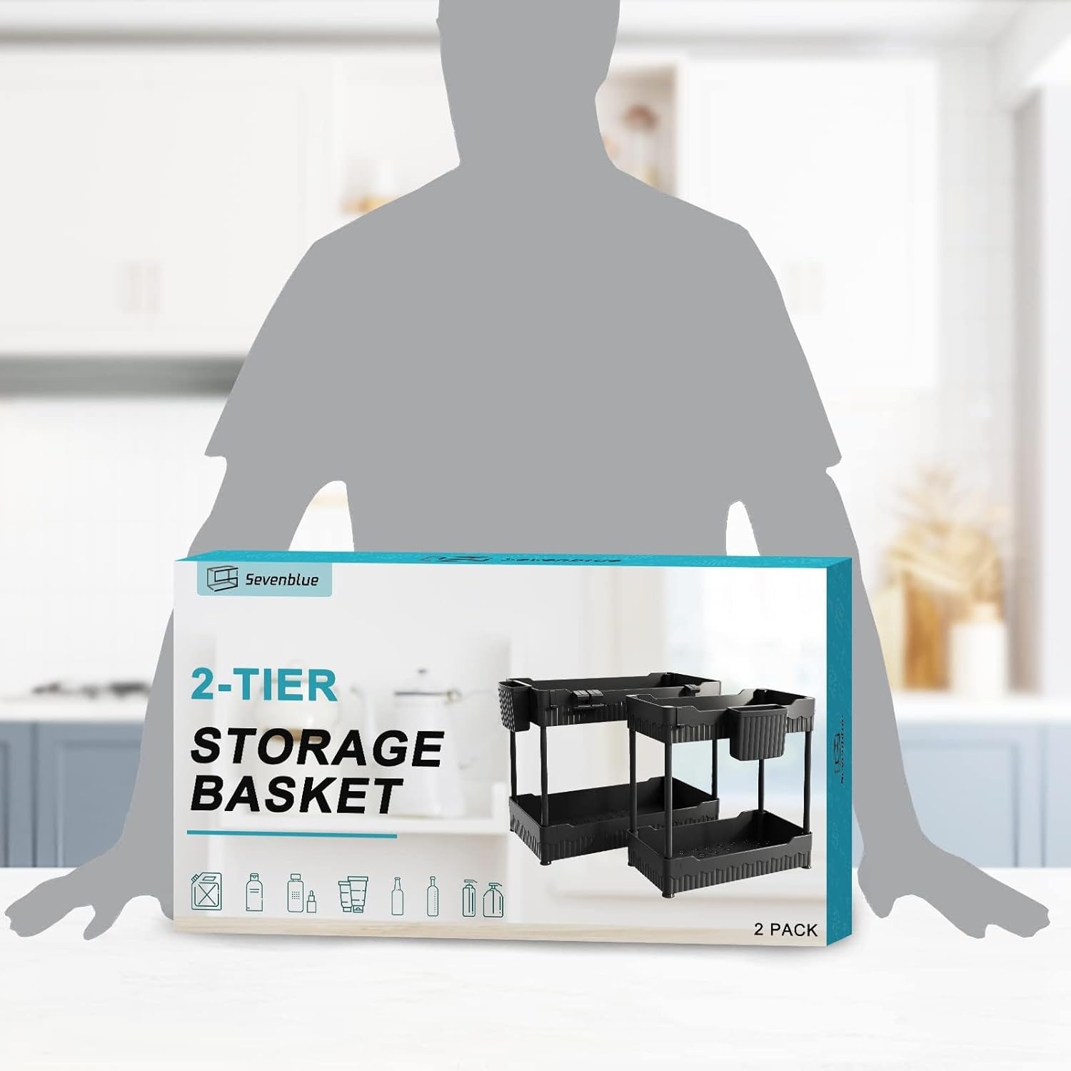 image:imageSevenblue 2 Pack Under Sink Organizer Under Bathroom Cabinet Organizer with Hooks Hanging Cup MultiPurpose Storage Shelf for Kitchen Bathroom BlackBlack