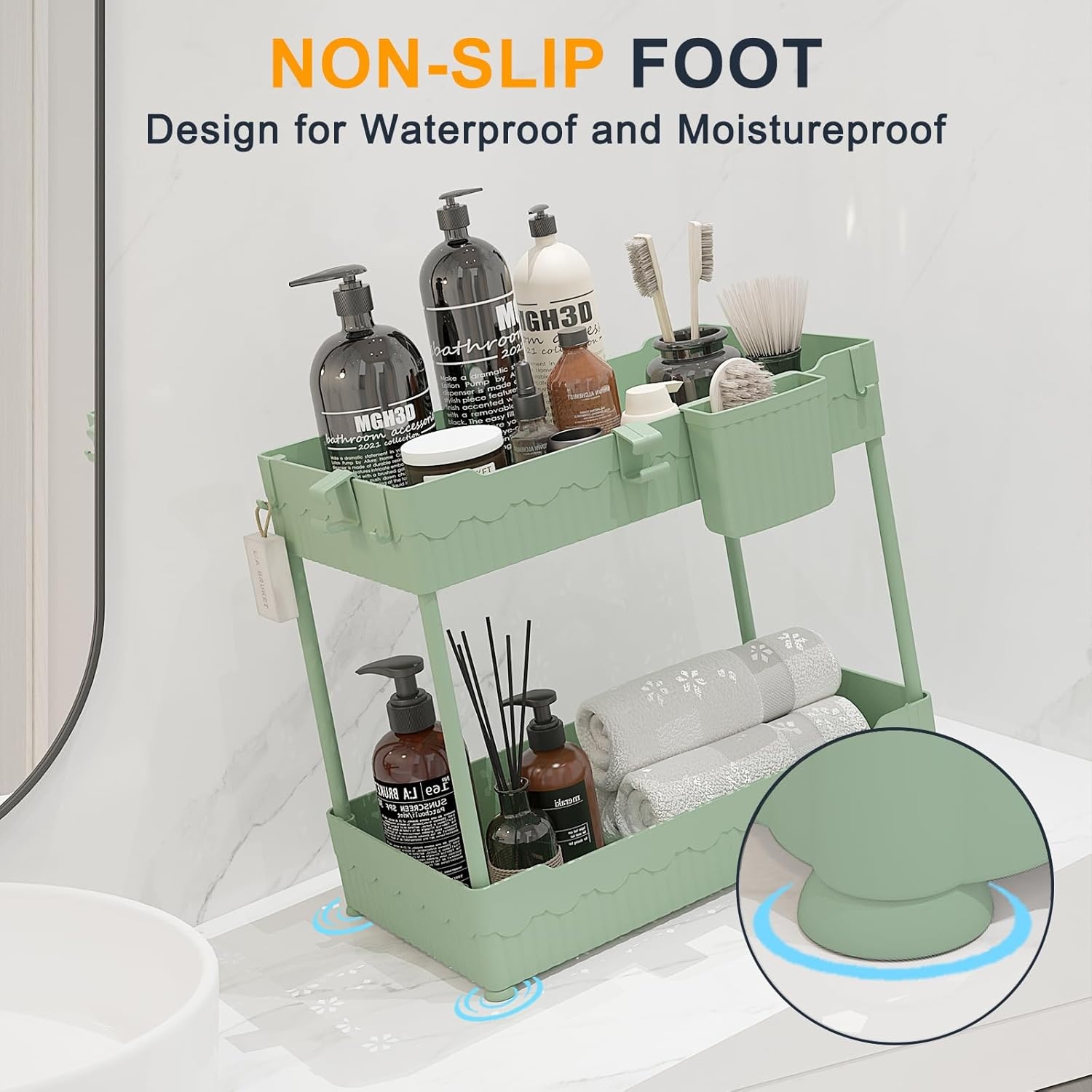 image:imageSevenblue 2 Pack Under Sink Organizer Under Bathroom Cabinet Organizer with Hooks Hanging Cup MultiPurpose Storage Shelf for Kitchen Bathroom BlackGreen