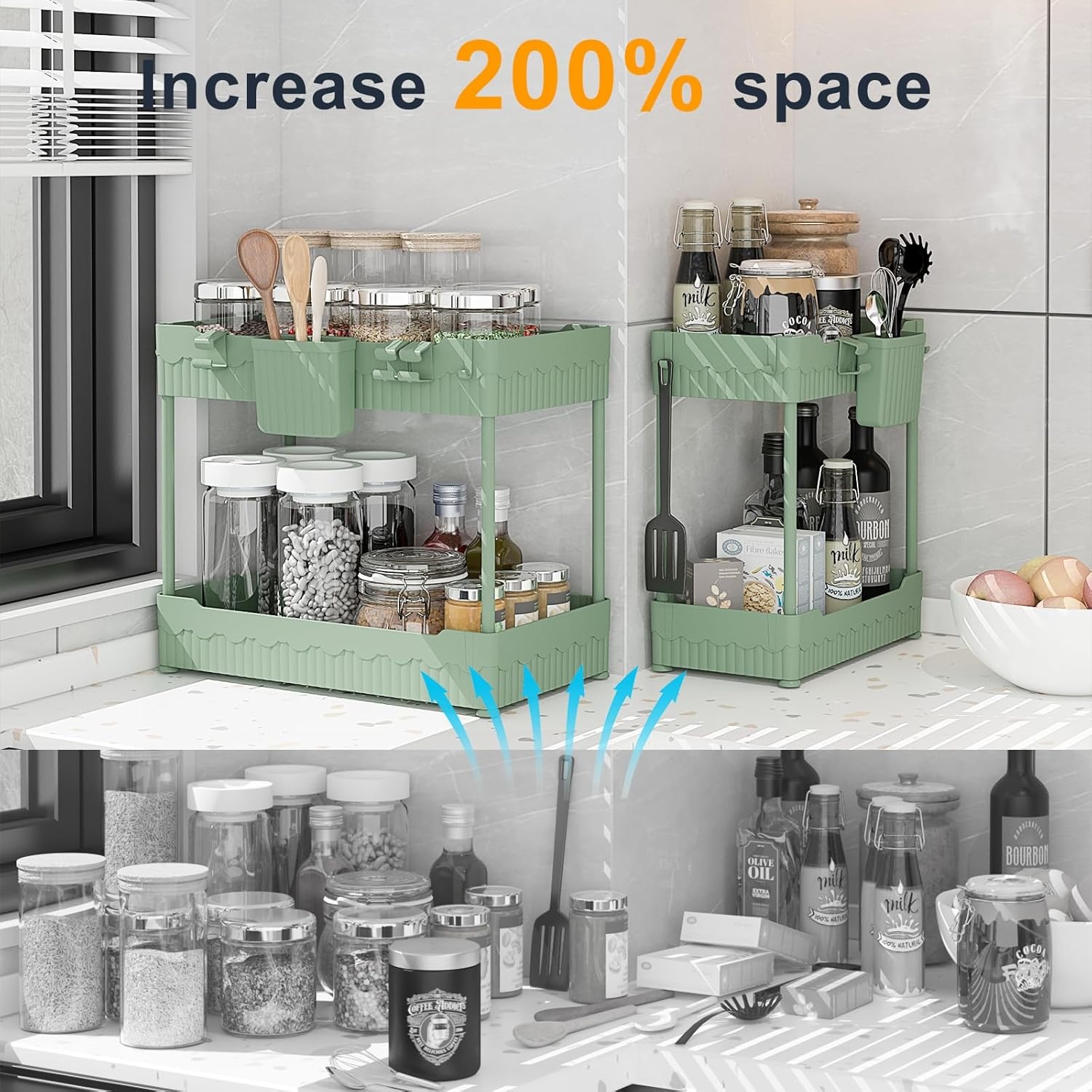 image:imageSevenblue 2 Pack Under Sink Organizer Under Bathroom Cabinet Organizer with Hooks Hanging Cup MultiPurpose Storage Shelf for Kitchen Bathroom BlackGreen