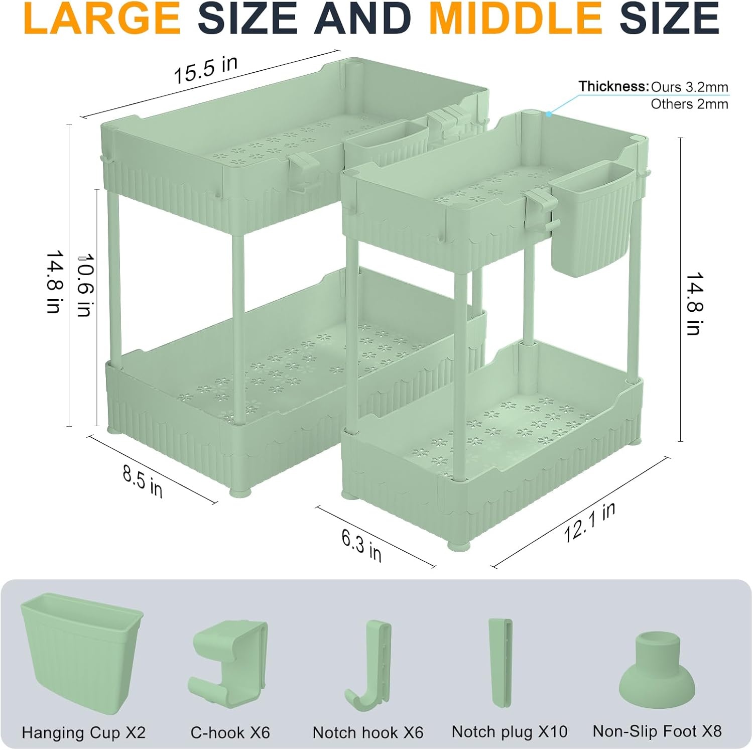image:imageSevenblue 2 Pack Under Sink Organizer Under Bathroom Cabinet Organizer with Hooks Hanging Cup MultiPurpose Storage Shelf for Kitchen Bathroom BlackGreen