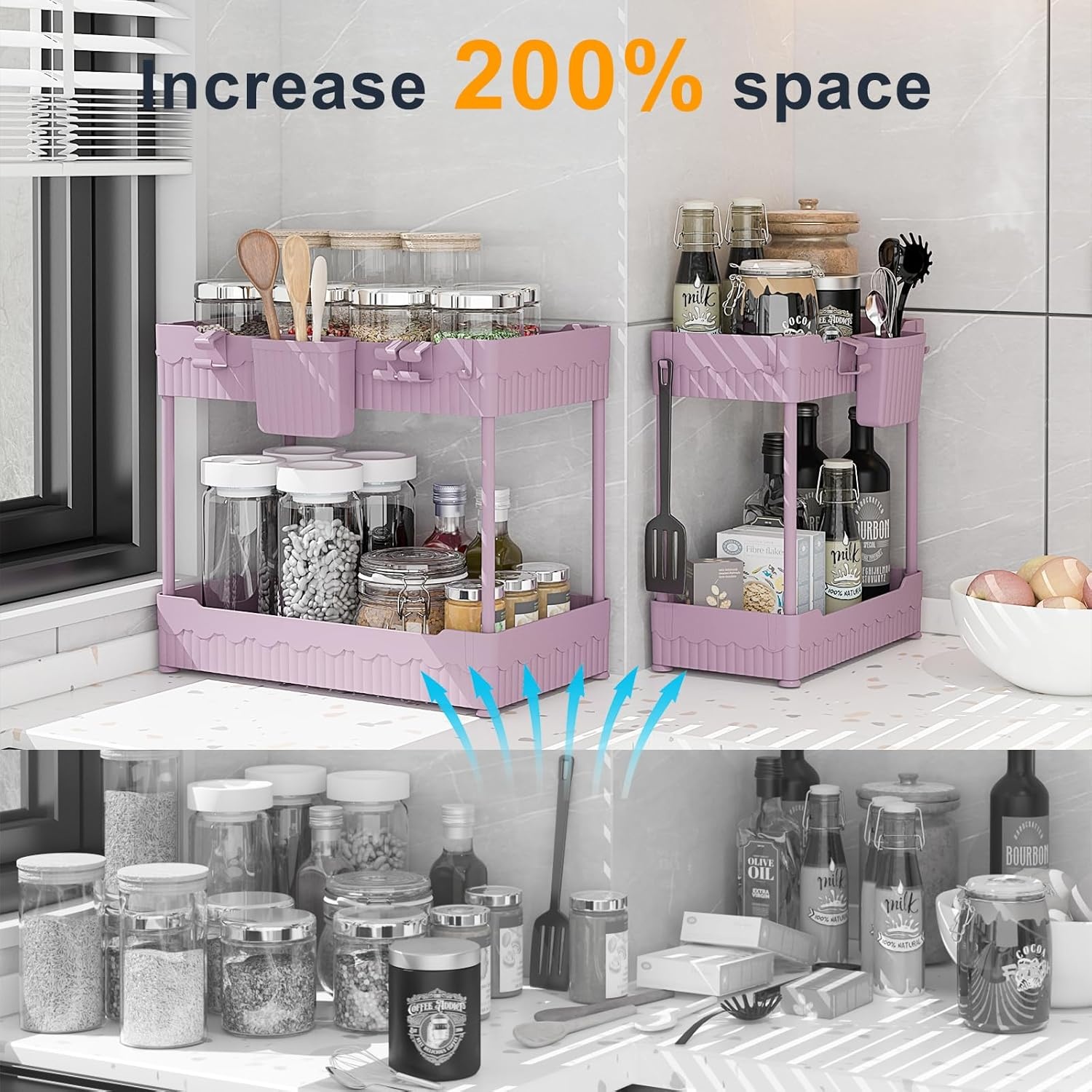 image:imageSevenblue 2 Pack Under Sink Organizer Under Bathroom Cabinet Organizer with Hooks Hanging Cup MultiPurpose Storage Shelf for Kitchen Bathroom BlackPink