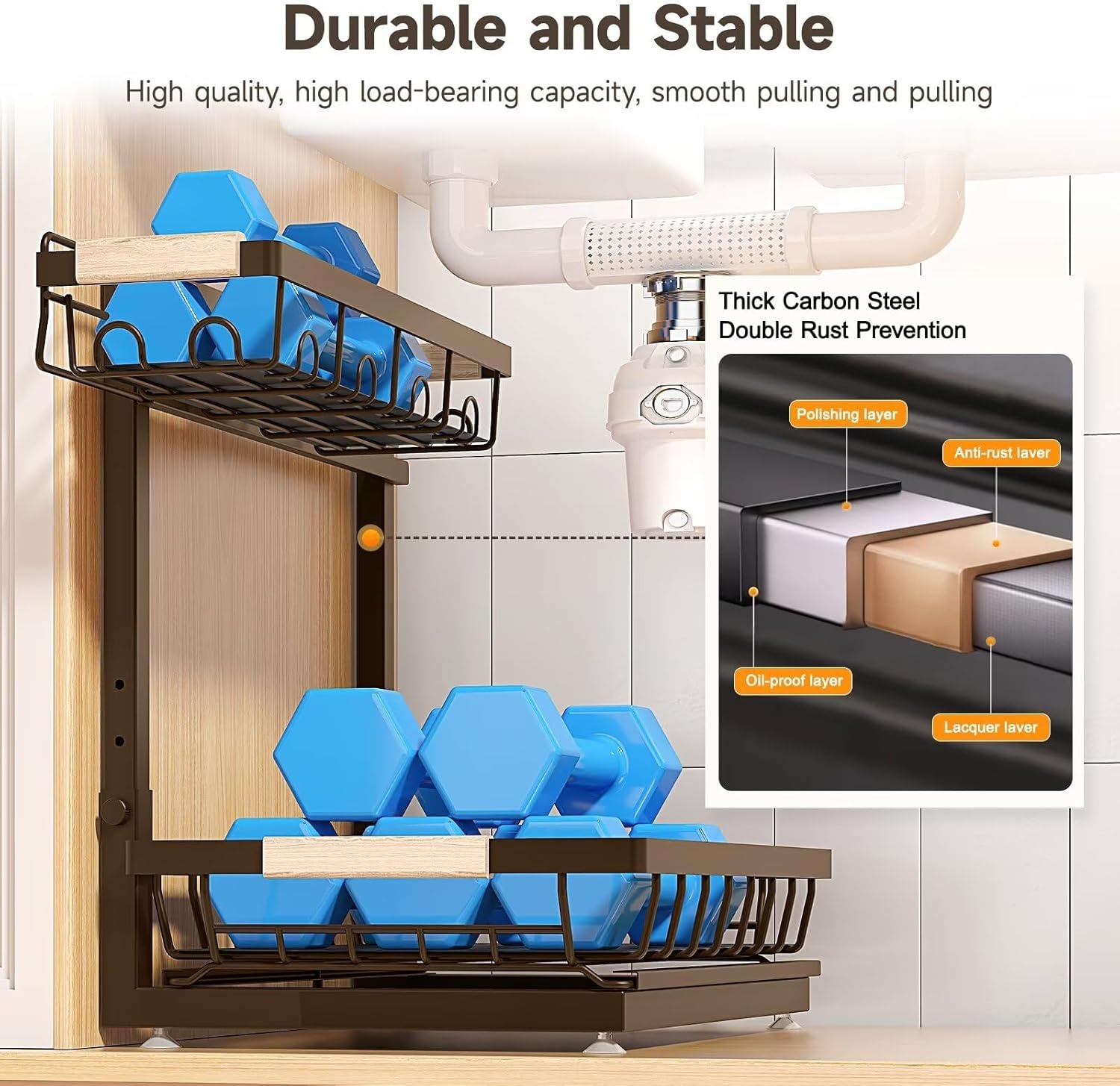 image:imageSevenblue 2 Packs Under Sink Organizer Height Adjustable 2 Tier Under Kitchen Sink Organizer MultiPurpose Storage Shelf for Kitchen Bathroom Cabinet White LargeBrown