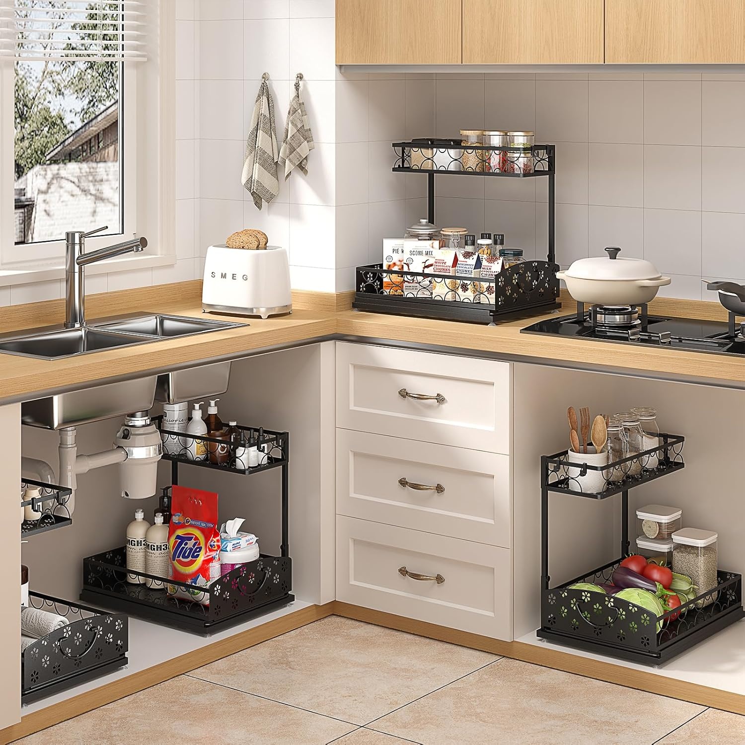 image:imageSevenblue 2 Packs Under Sink Organizer Height Adjustable 2 Tier Under Kitchen Sink Organizer MultiPurpose Storage Shelf for Kitchen Bathroom Cabinet White LargeMetal