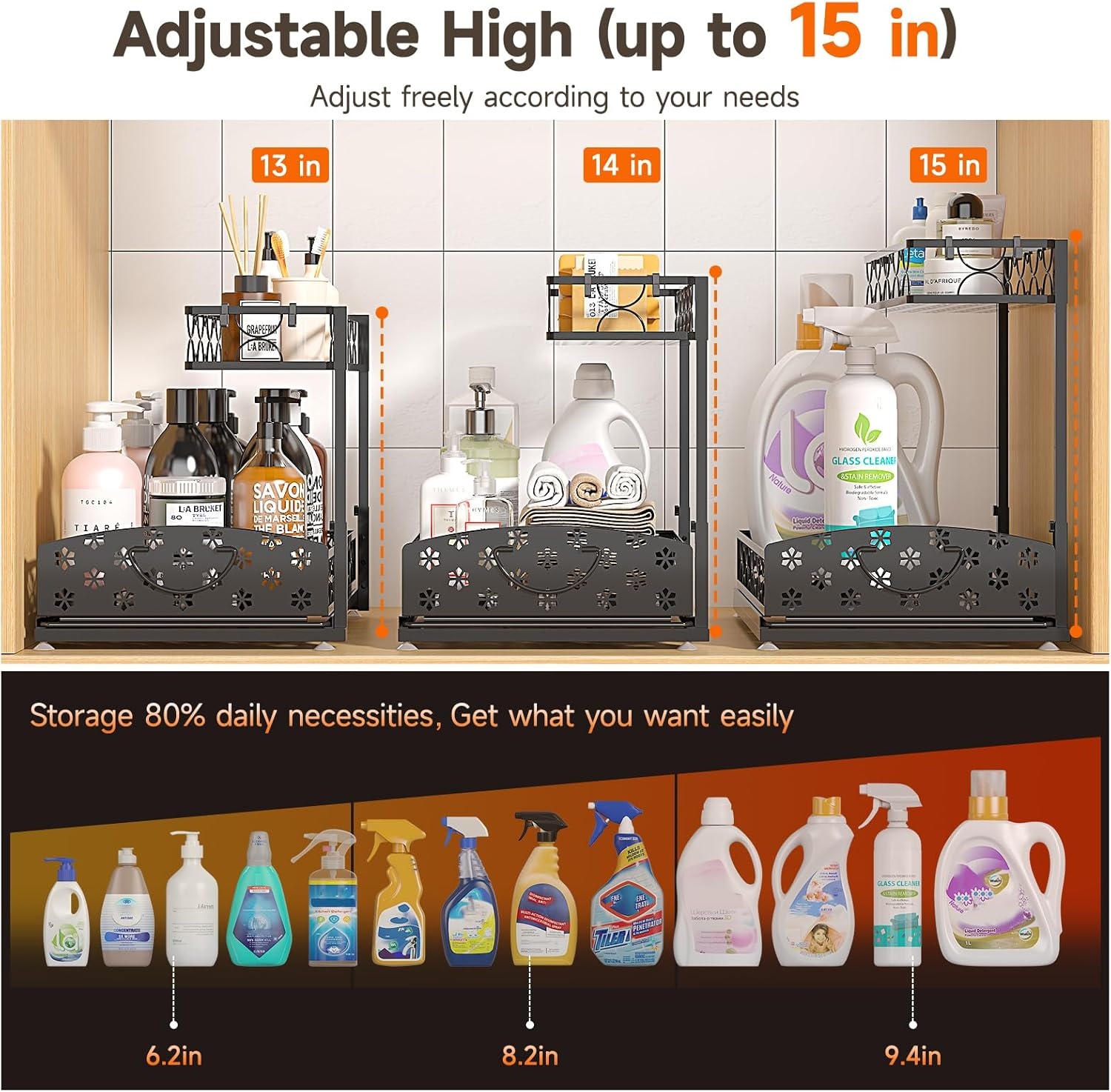 image:imageSevenblue 2 Packs Under Sink Organizer Height Adjustable 2 Tier Under Kitchen Sink Organizer MultiPurpose Storage Shelf for Kitchen Bathroom Cabinet White LargeMetal