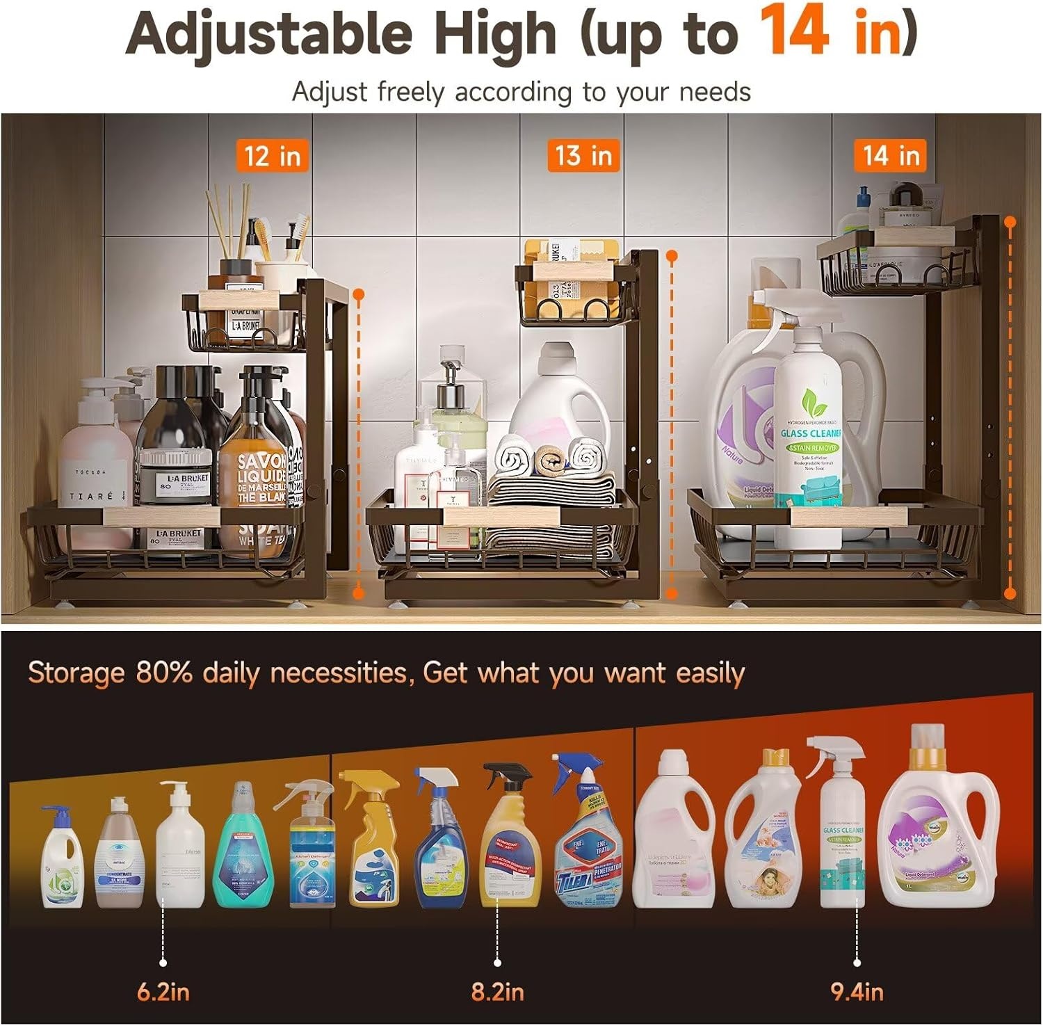 image:imageSevenblue 2 Packs Under Sink Organizer Height Adjustable 2 Tier Under Kitchen Sink Organizer MultiPurpose Storage Shelf for Kitchen Bathroom Cabinet White LargeBrown