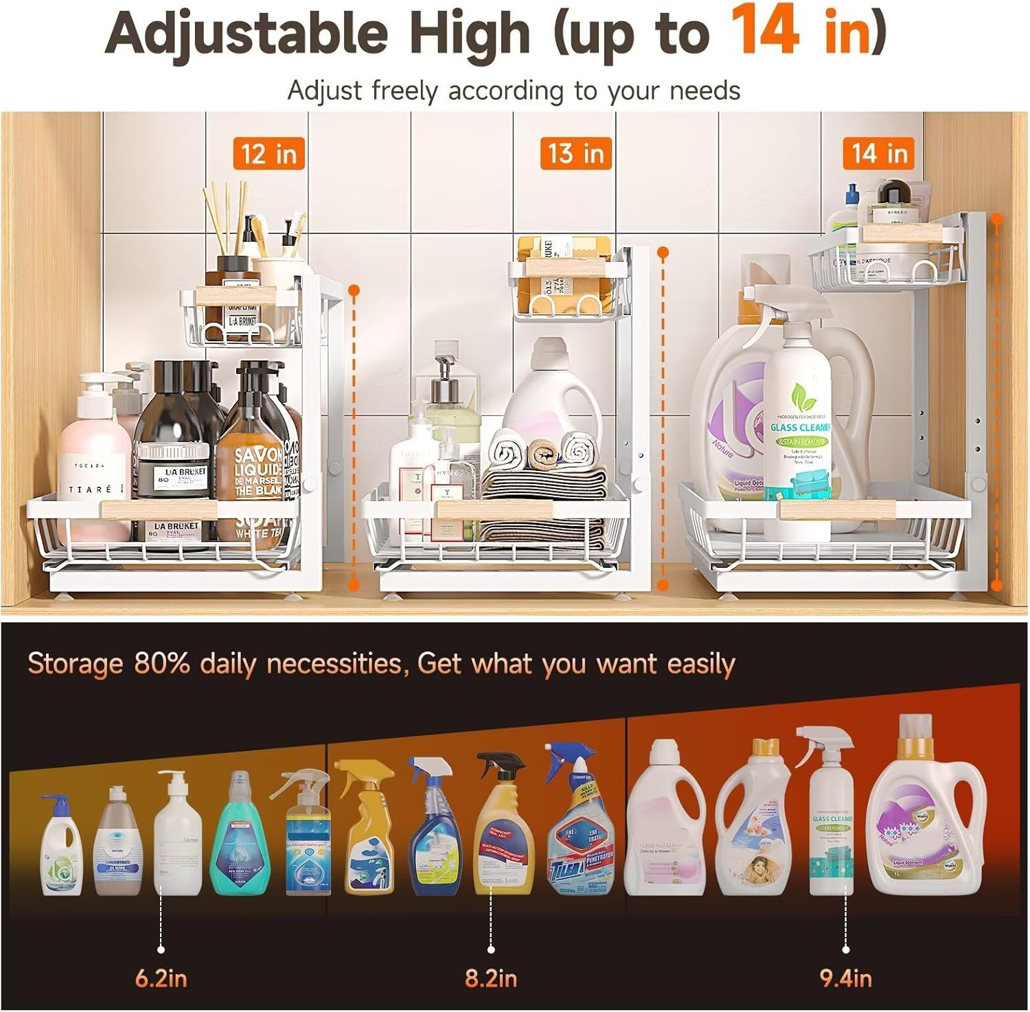 image:imageSevenblue 2 Packs Under Sink Organizer Height Adjustable 2 Tier Under Kitchen Sink Organizer MultiPurpose Storage Shelf for Kitchen Bathroom Cabinet White LargeWhite
