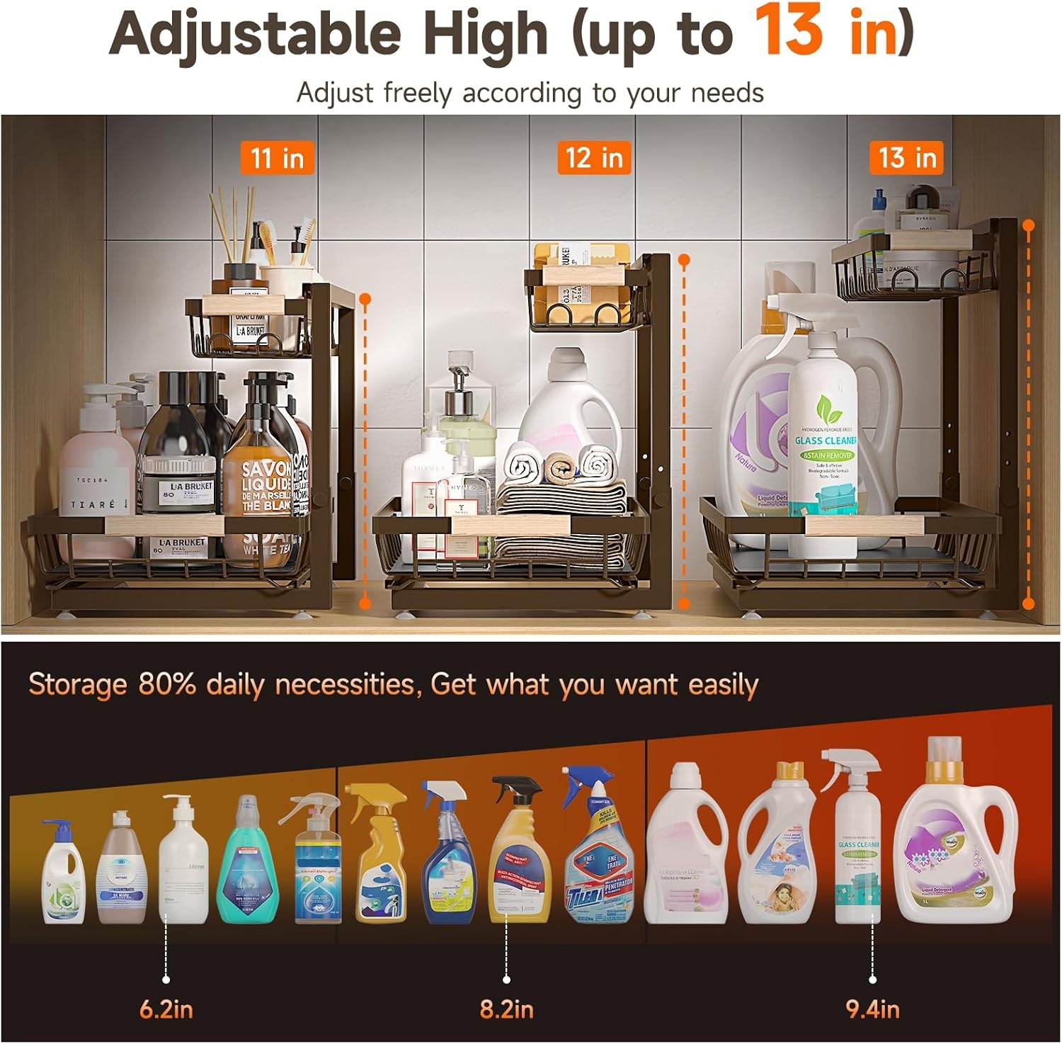 image:imageSevenblue 2 Packs Under Sink Organizer Height Adjustable 2 Tier Under Kitchen Sink Organizer MultiPurpose Storage Shelf for Kitchen Bathroom Cabinet White LargeBrown