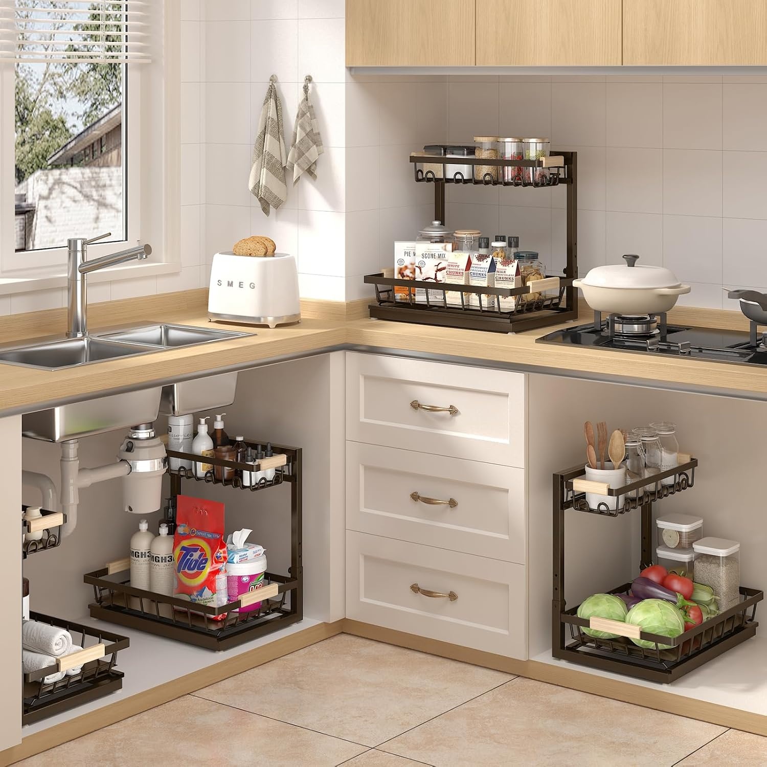 image:imageSevenblue 2 Packs Under Sink Organizer Height Adjustable 2 Tier Under Kitchen Sink Organizer MultiPurpose Storage Shelf for Kitchen Bathroom Cabinet White LargeBrown