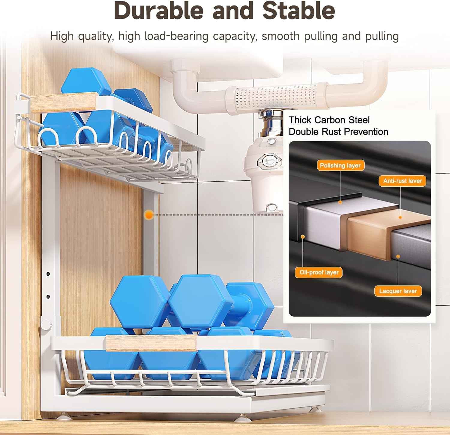 image:imageSevenblue 2 Packs Under Sink Organizer Height Adjustable 2 Tier Under Kitchen Sink Organizer MultiPurpose Storage Shelf for Kitchen Bathroom Cabinet White LargeWhite