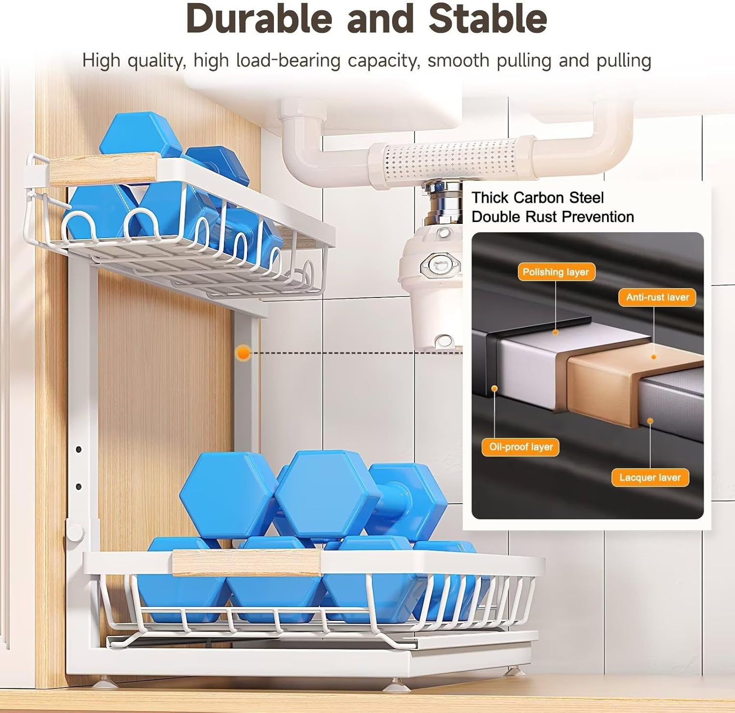 image:imageSevenblue 2 Packs Under Sink Organizer Height Adjustable 2 Tier Under Kitchen Sink Organizer MultiPurpose Storage Shelf for Kitchen Bathroom Cabinet White LargeWhite