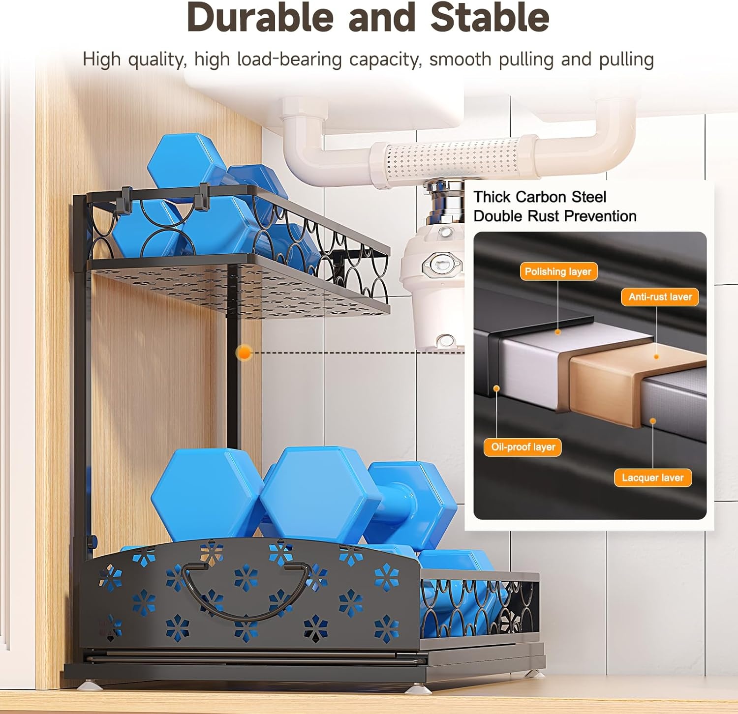 image:imageSevenblue 2 Packs Under Sink Organizer Height Adjustable 2 Tier Under Kitchen Sink Organizer MultiPurpose Storage Shelf for Kitchen Bathroom Cabinet White LargeMetal