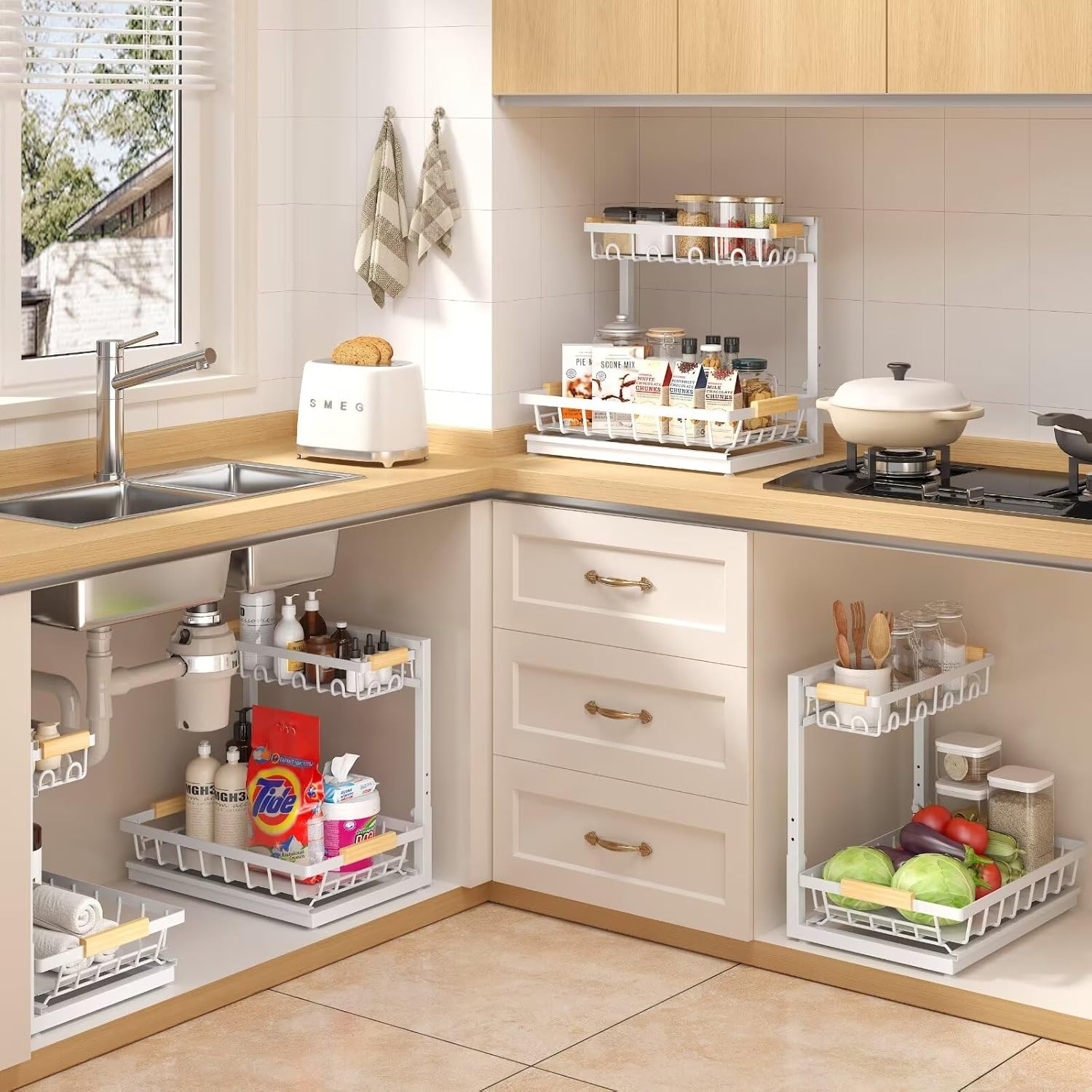 image:imageSevenblue 2 Packs Under Sink Organizer Height Adjustable 2 Tier Under Kitchen Sink Organizer MultiPurpose Storage Shelf for Kitchen Bathroom Cabinet White LargeWhite