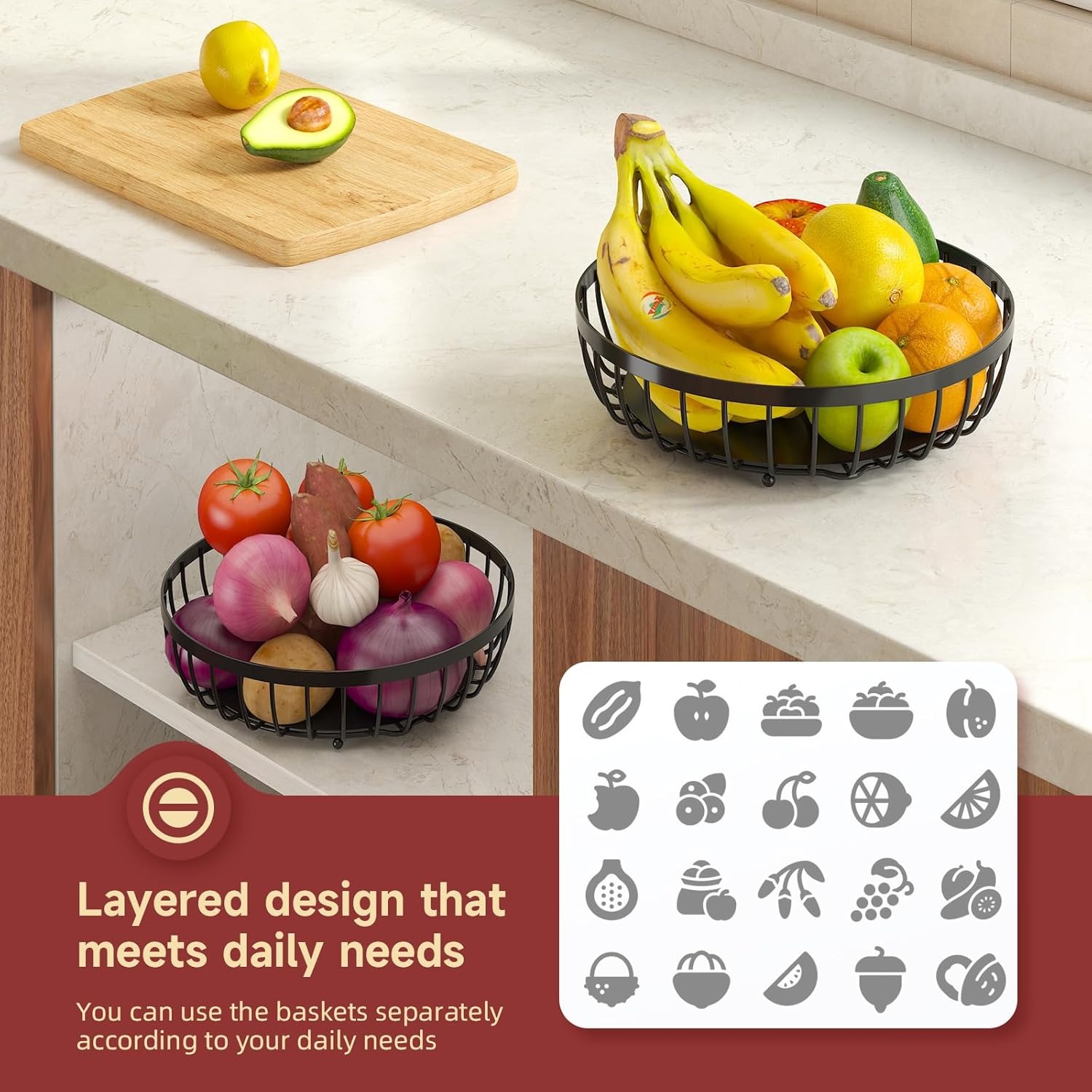 image:imageSevenblue 2 Tier Large Fruit Basket for Kitchen Counter with 2 Banana Hangers Metal Stackable Fruit Bowl for Kitchen Counter for Bread Vegetable Fruits BlackBlack