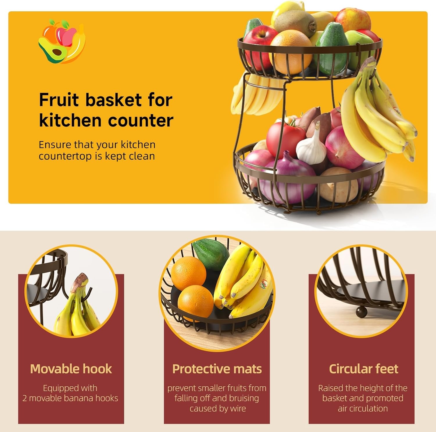 image:imageSevenblue 2 Tier Large Fruit Basket for Kitchen Counter with 2 Banana Hangers Metal Stackable Fruit Bowl for Kitchen Counter for Bread Vegetable Fruits BlackBrown