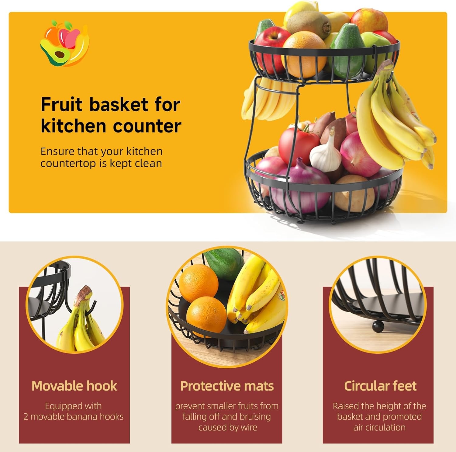 image:imageSevenblue 2 Tier Large Fruit Basket for Kitchen Counter with 2 Banana Hangers Metal Stackable Fruit Bowl for Kitchen Counter for Bread Vegetable Fruits BlackBlack
