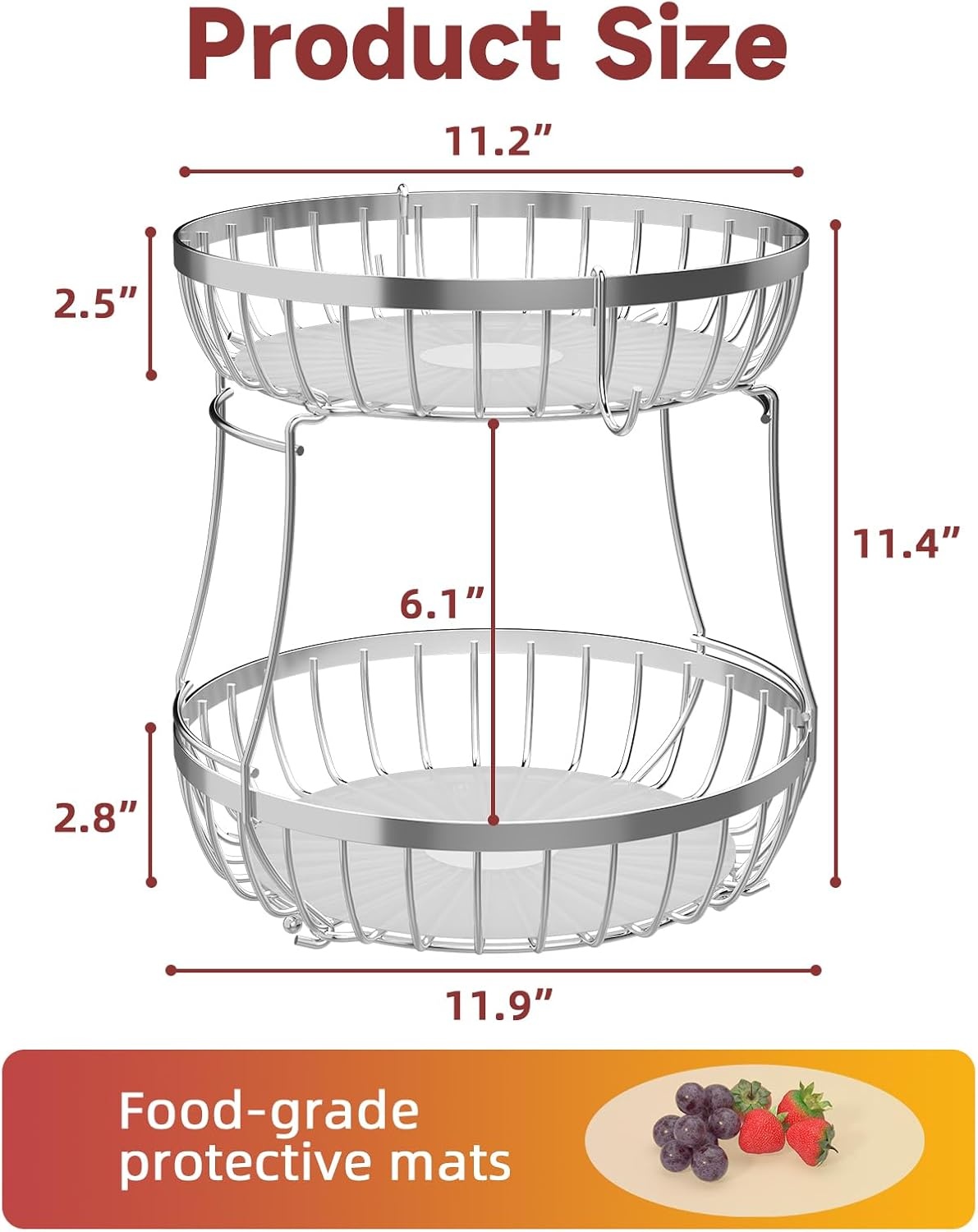 image:imageSevenblue 2 Tier Large Fruit Basket for Kitchen Counter with 2 Banana Hangers Metal Stackable Fruit Bowl for Kitchen Counter for Bread Vegetable Fruits BlackSilver