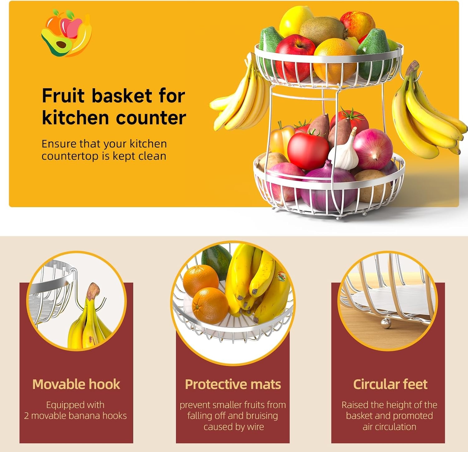 image:imageSevenblue 2 Tier Large Fruit Basket for Kitchen Counter with 2 Banana Hangers Metal Stackable Fruit Bowl for Kitchen Counter for Bread Vegetable Fruits BlackSilver