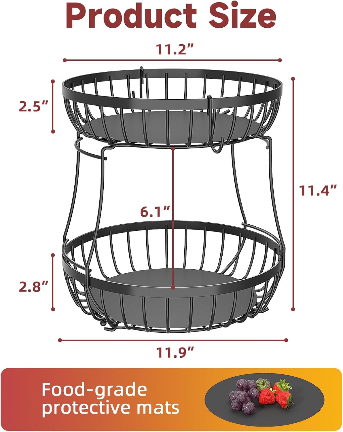 image:imageSevenblue 2 Tier Large Fruit Basket for Kitchen Counter with 2 Banana Hangers Metal Stackable Fruit Bowl for Kitchen Counter for Bread Vegetable Fruits BlackBlack