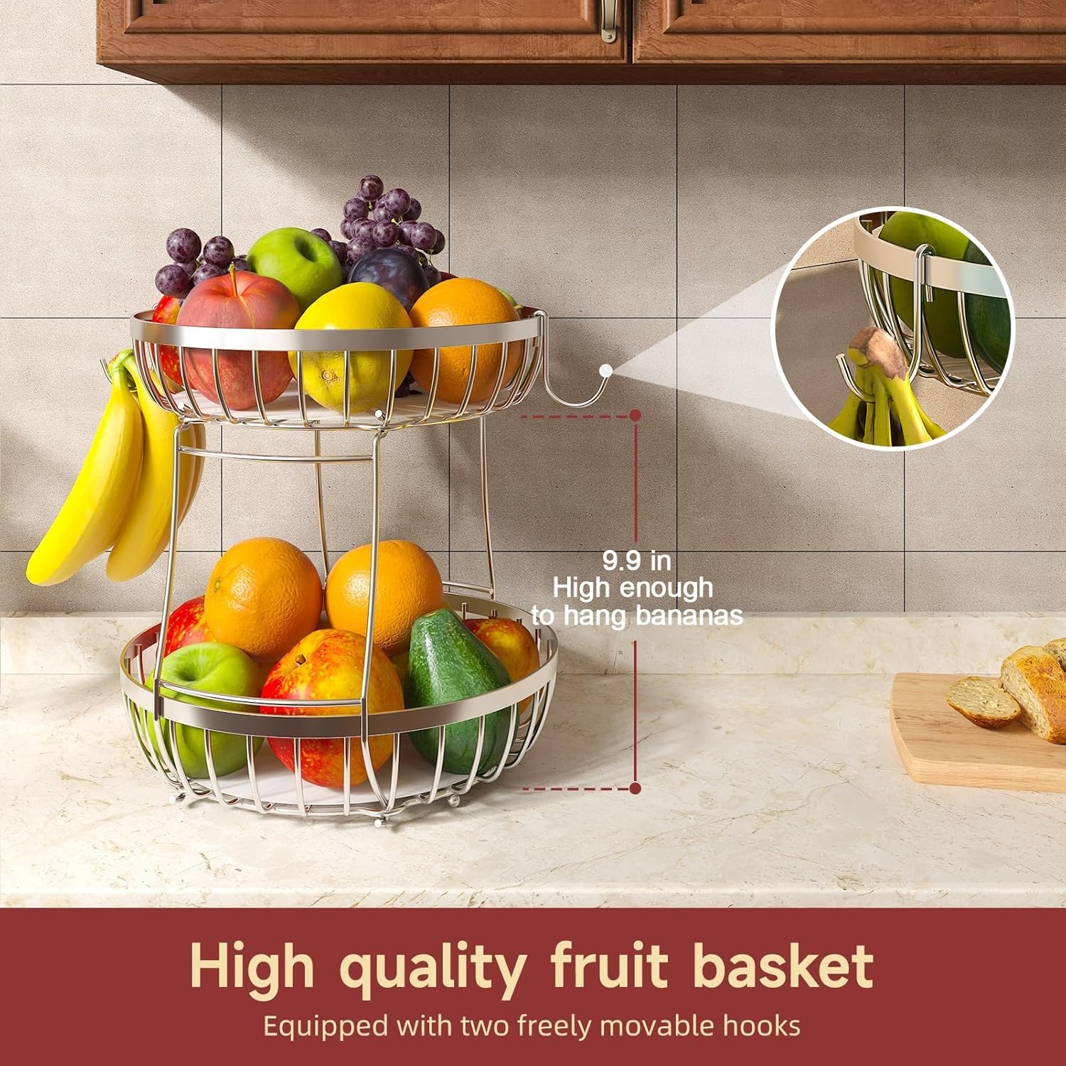 image:imageSevenblue 2 Tier Large Fruit Basket for Kitchen Counter with 2 Banana Hangers Metal Stackable Fruit Bowl for Kitchen Counter for Bread Vegetable Fruits BlackSilver