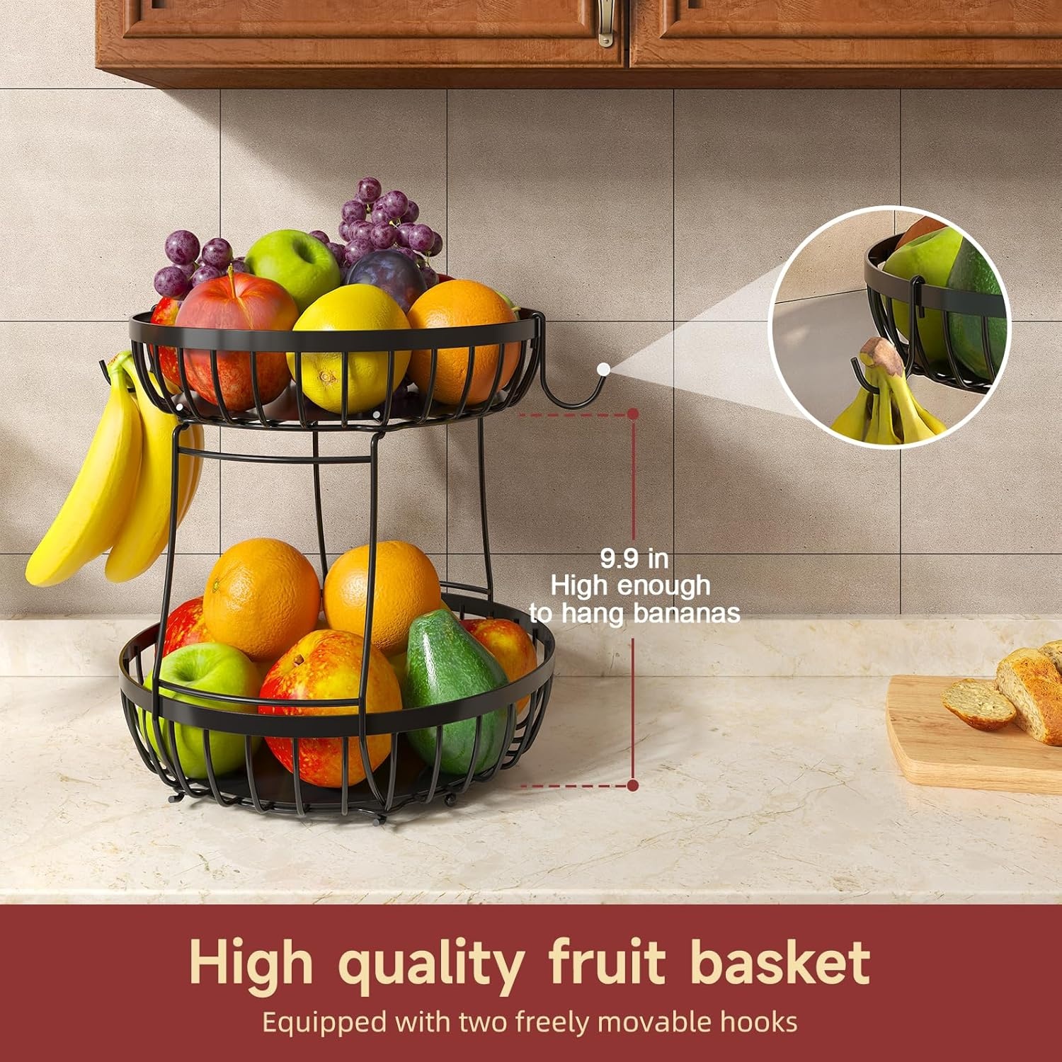 image:imageSevenblue 2 Tier Large Fruit Basket for Kitchen Counter with 2 Banana Hangers Metal Stackable Fruit Bowl for Kitchen Counter for Bread Vegetable Fruits BlackBlack