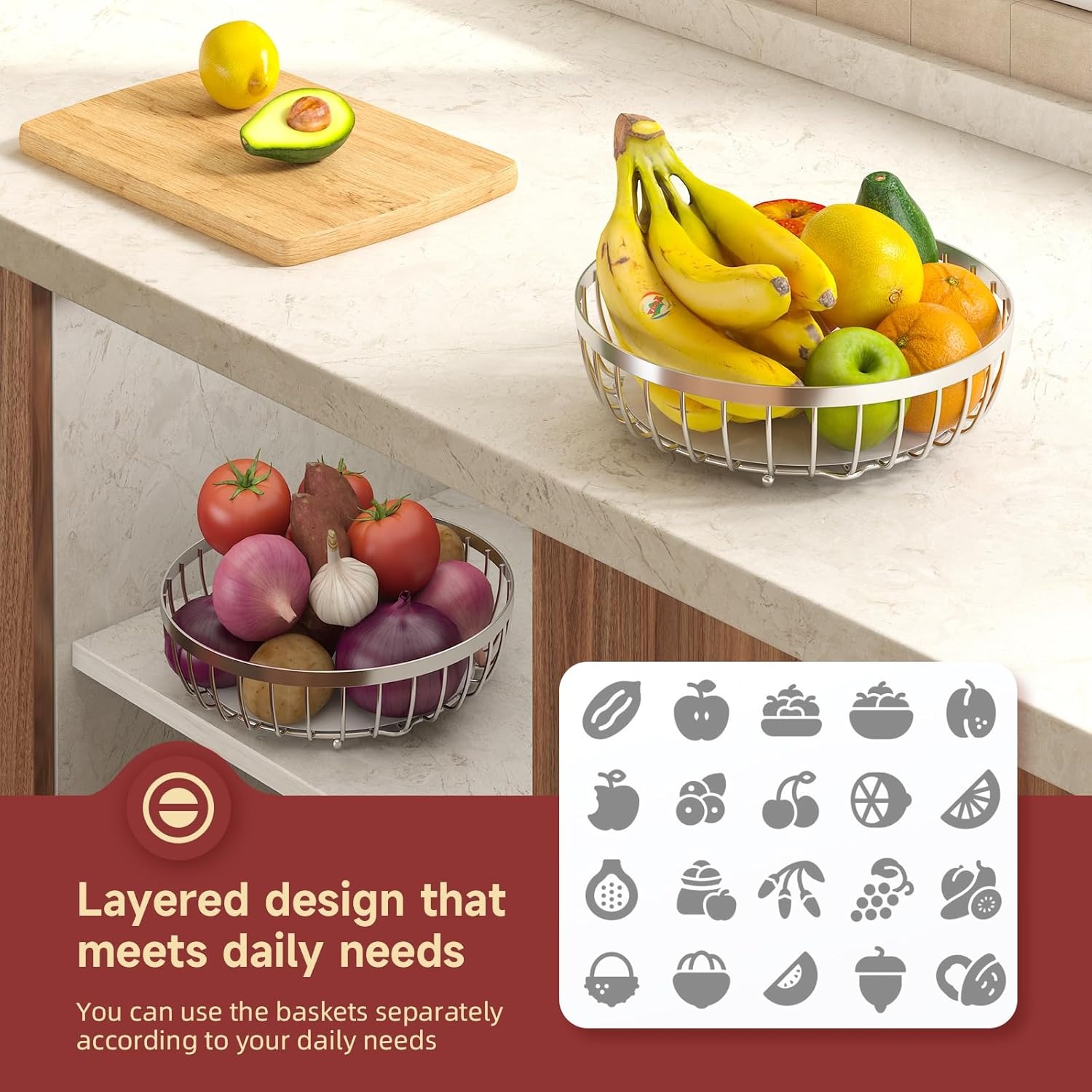 image:imageSevenblue 2 Tier Large Fruit Basket for Kitchen Counter with 2 Banana Hangers Metal Stackable Fruit Bowl for Kitchen Counter for Bread Vegetable Fruits BlackSilver