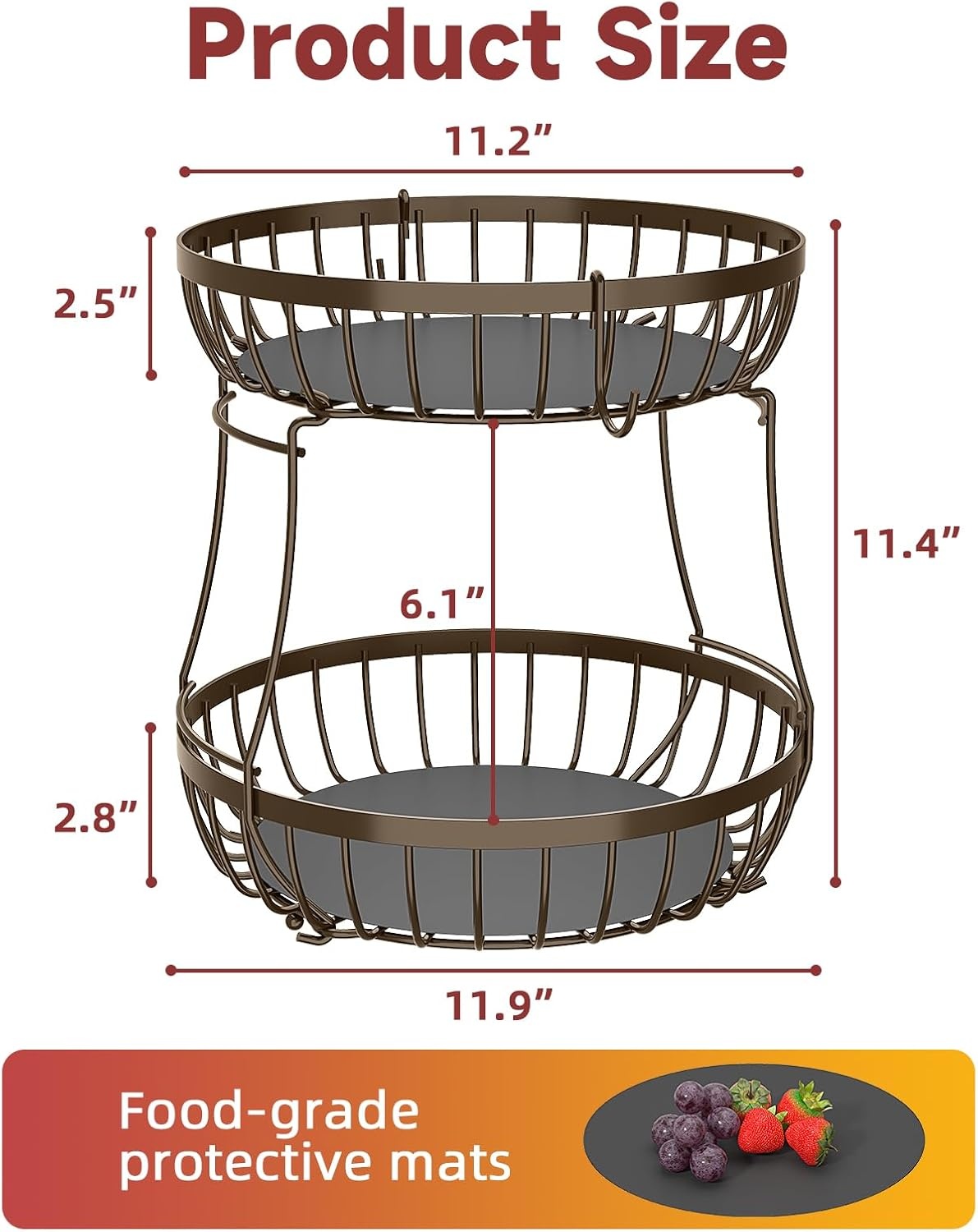 image:imageSevenblue 2 Tier Large Fruit Basket for Kitchen Counter with 2 Banana Hangers Metal Stackable Fruit Bowl for Kitchen Counter for Bread Vegetable Fruits BlackBrown