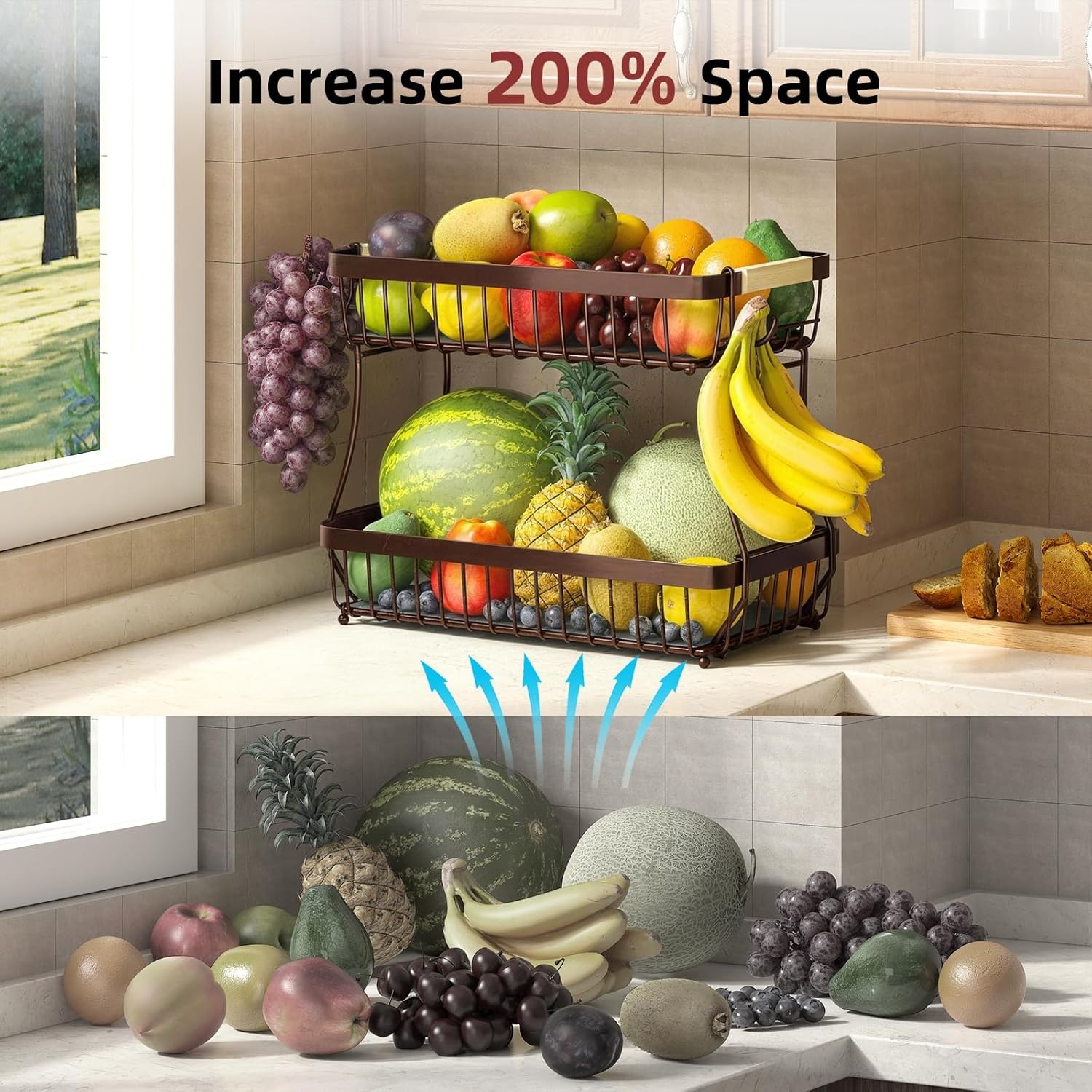image:imageSevenblue 2 Tier Large Fruit Basket for Kitchen Counter with 2 Mobile Banana Hangers 2026 Pro Detachable Metal Fruit Bowl with Wooden Handle Silver 2 Tier Extra LargeBrown