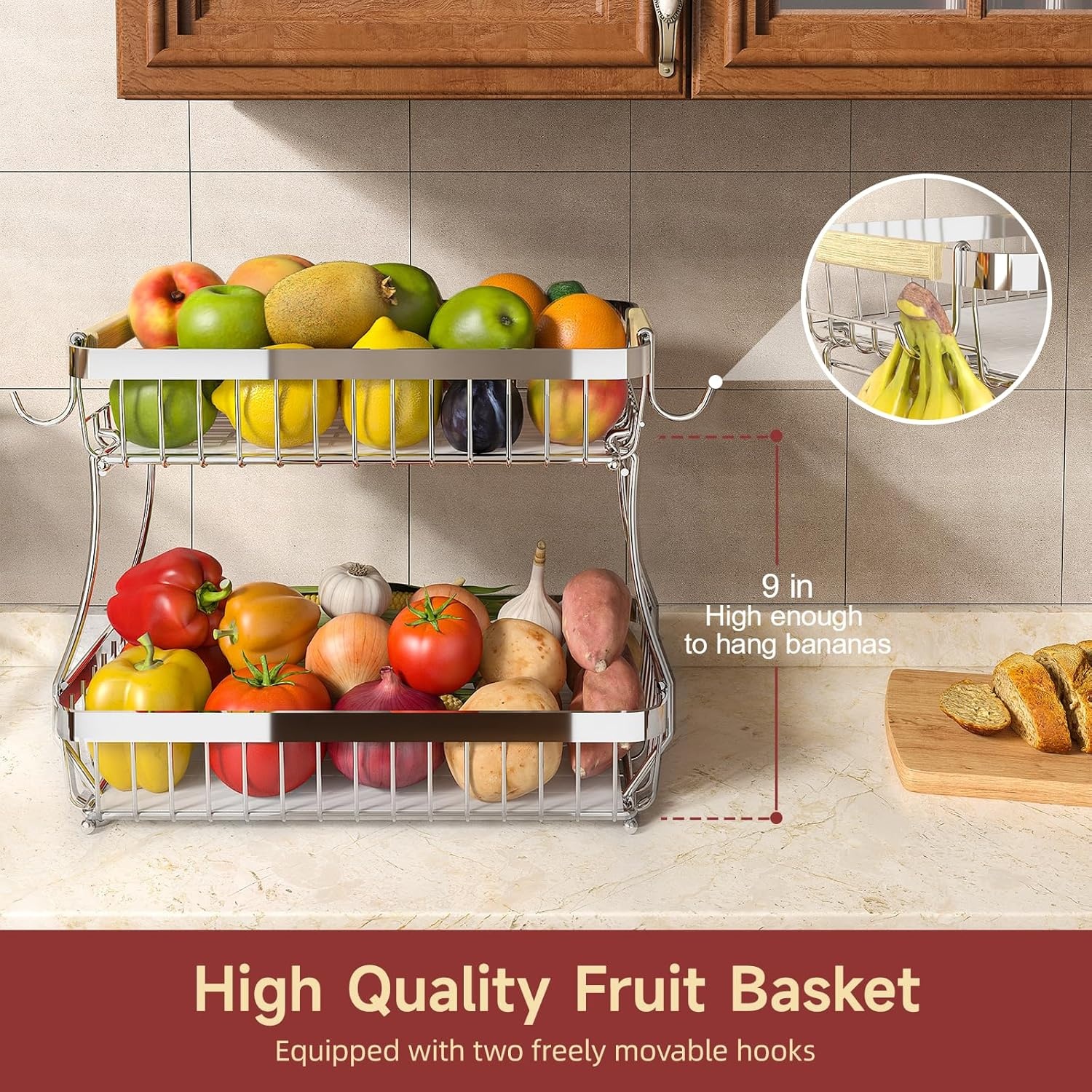 image:imageSevenblue 2 Tier Large Fruit Basket for Kitchen Counter with 2 Mobile Banana Hangers 2026 Pro Detachable Metal Fruit Bowl with Wooden Handle Silver 2 Tier Extra LargeSilver