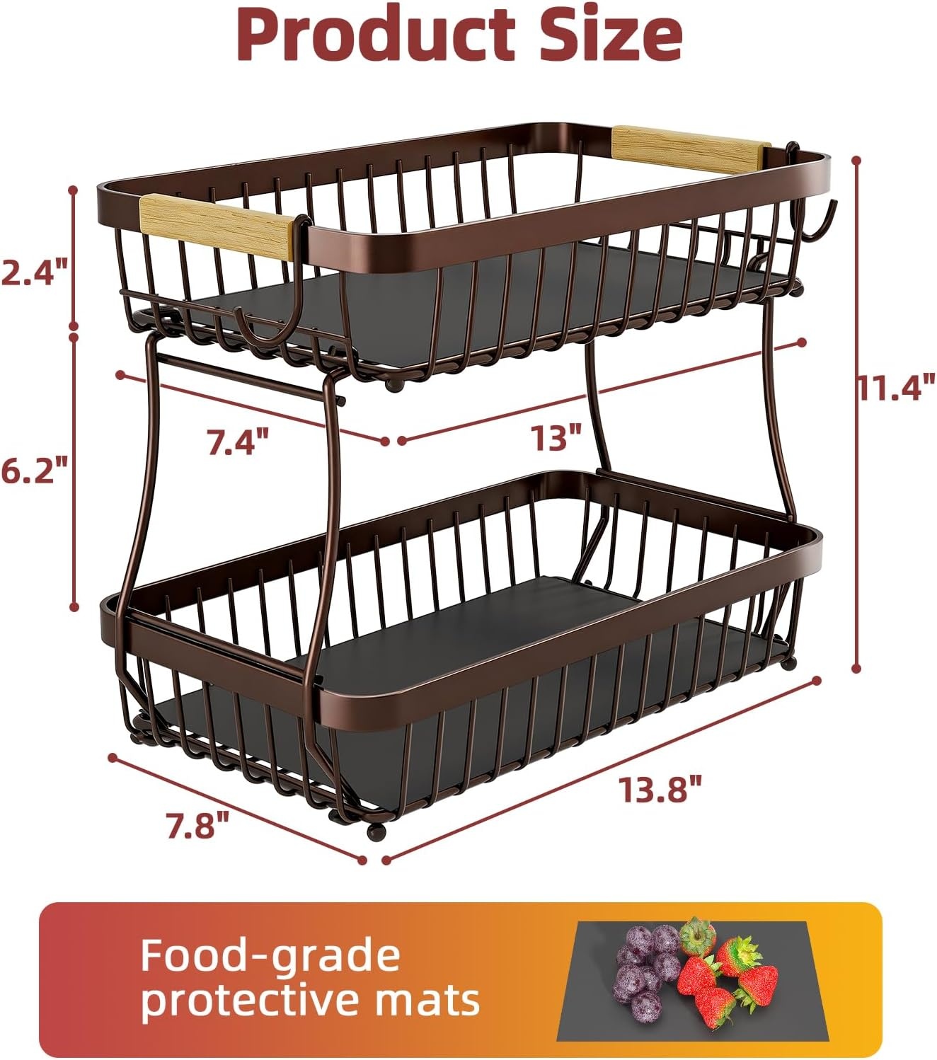 image:imageSevenblue 2 Tier Large Fruit Basket for Kitchen Counter with 2 Mobile Banana Hangers 2026 Pro Detachable Metal Fruit Bowl with Wooden Handle Silver 2 Tier Extra LargeBrown