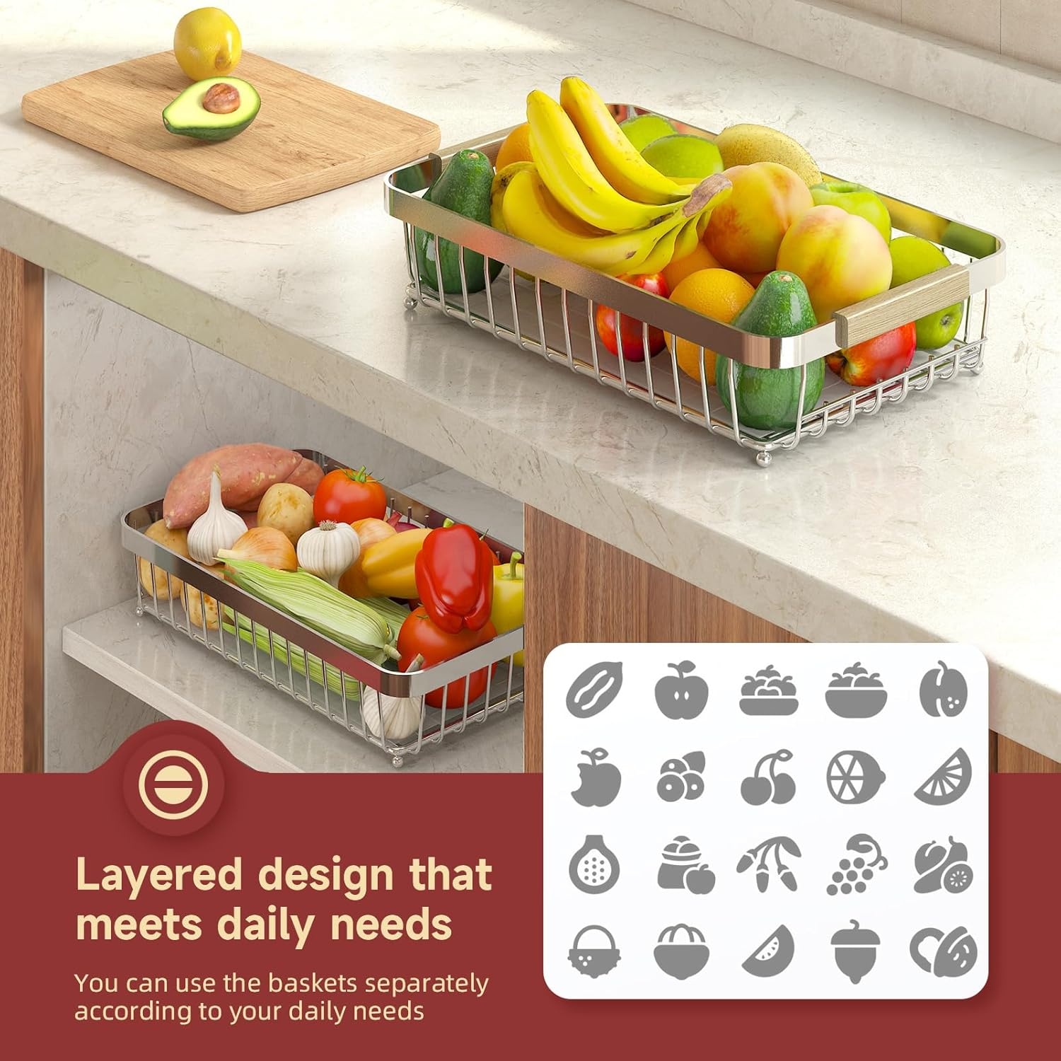 image:imageSevenblue 2 Tier Large Fruit Basket for Kitchen Counter with 2 Mobile Banana Hangers 2026 Pro Detachable Metal Fruit Bowl with Wooden Handle Silver 2 Tier Extra LargeSilver