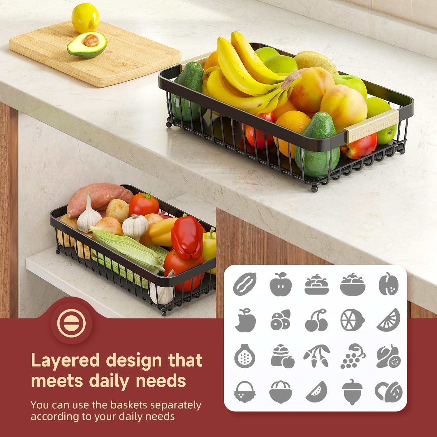 image:imageSevenblue 2 Tier Large Fruit Basket for Kitchen Counter with 2 Mobile Banana Hangers 2026 Pro Detachable Metal Fruit Bowl with Wooden Handle Silver 2 Tier Extra LargeSilver