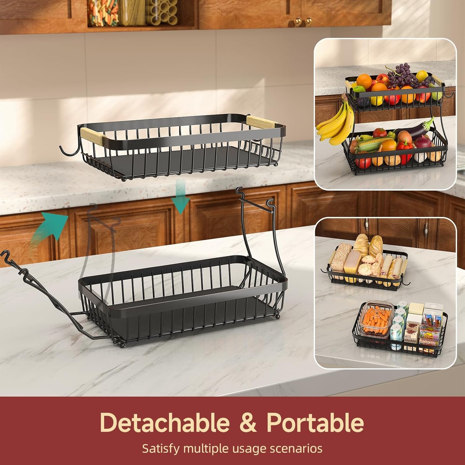 image:imageSevenblue 2 Tier Large Fruit Basket for Kitchen Counter with 2 Mobile Banana Hangers 2026 Pro Detachable Metal Fruit Bowl with Wooden Handle Silver 2 Tier Extra LargeSilver