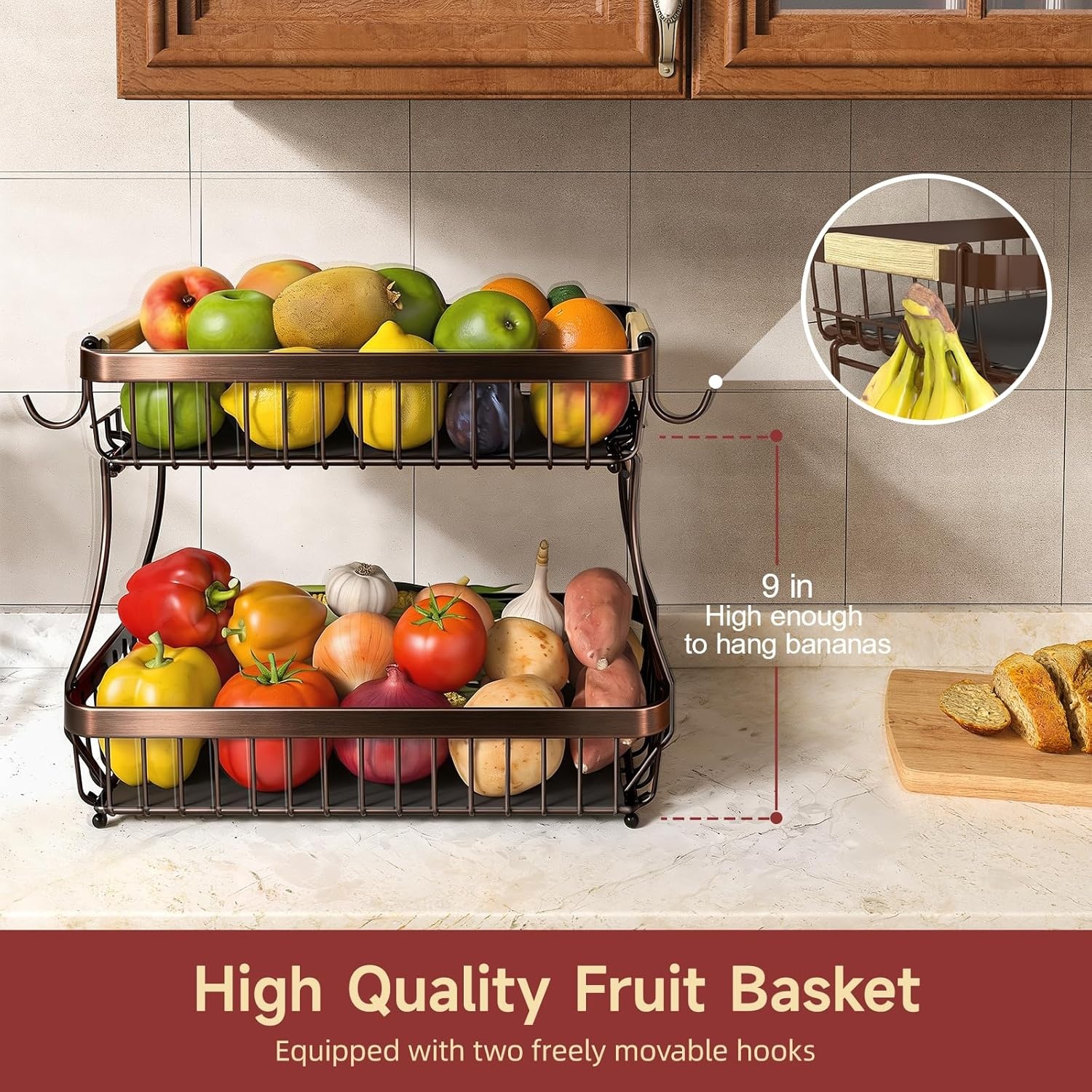 image:imageSevenblue 2 Tier Large Fruit Basket for Kitchen Counter with 2 Mobile Banana Hangers 2026 Pro Detachable Metal Fruit Bowl with Wooden Handle Silver 2 Tier Extra LargeBrown
