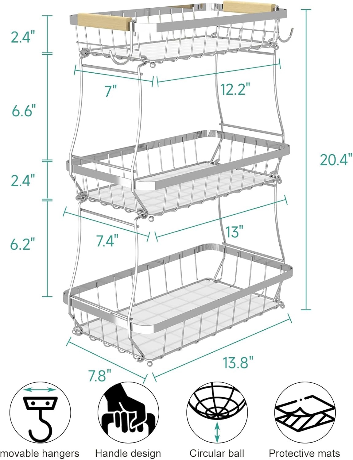 image:imageSevenblue 2 Tier Large Fruit Basket for Kitchen Counter with 2 Mobile Banana Hangers 2026 Pro Detachable Metal Fruit Bowl with Wooden Handle Silver 2 Tier Extra LargeSilver