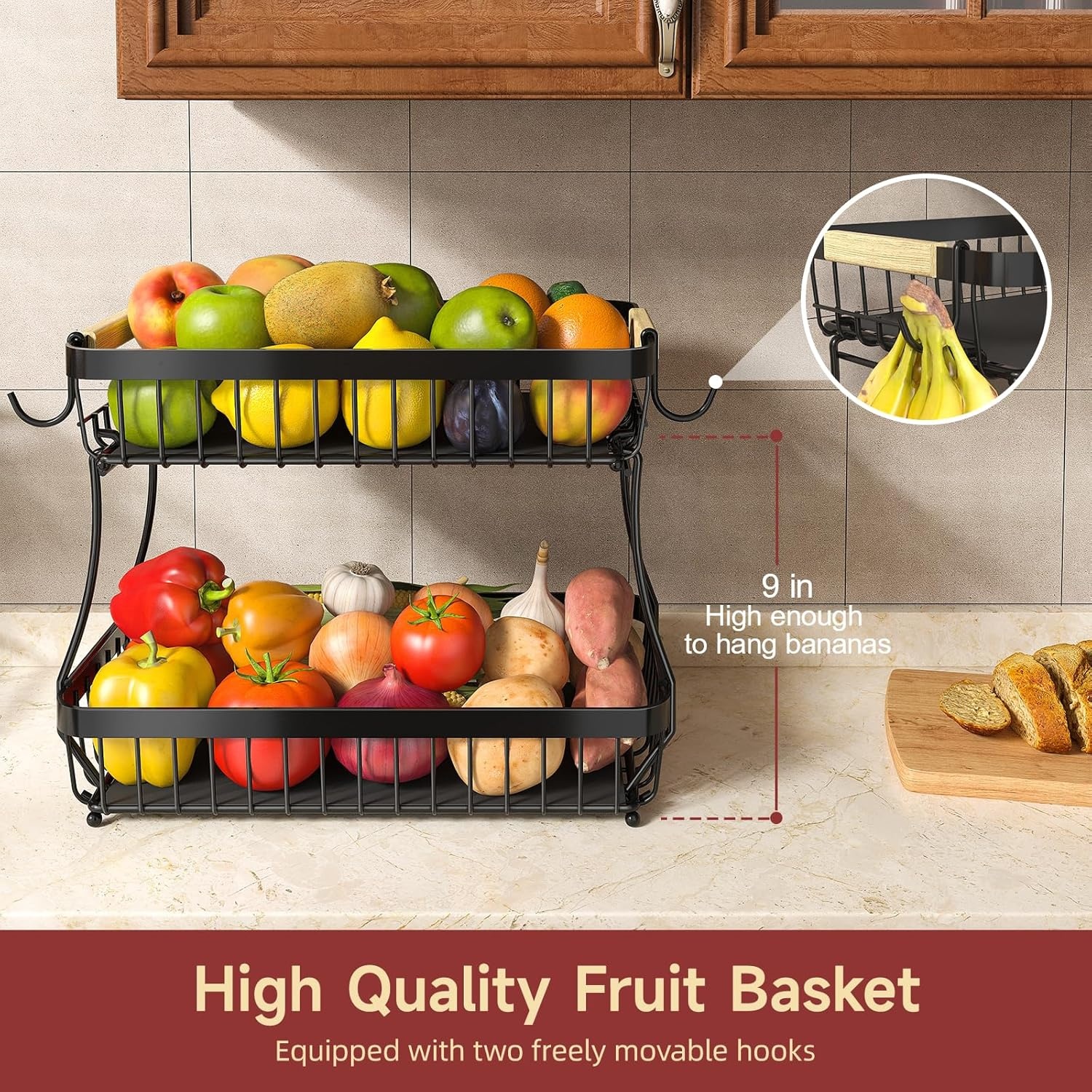 image:imageSevenblue 2 Tier Large Fruit Basket for Kitchen Counter with 2 Mobile Banana Hangers 2026 Pro Detachable Metal Fruit Bowl with Wooden Handle Silver 2 Tier Extra LargeBrown