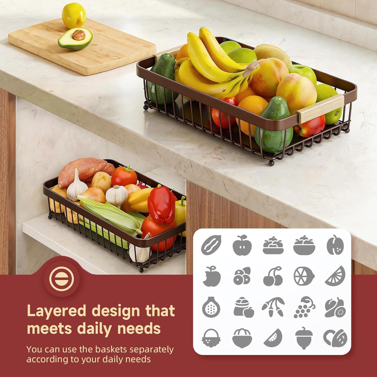 image:imageSevenblue 2 Tier Large Fruit Basket for Kitchen Counter with 2 Mobile Banana Hangers 2026 Pro Detachable Metal Fruit Bowl with Wooden Handle Silver 2 Tier Extra LargeBrown