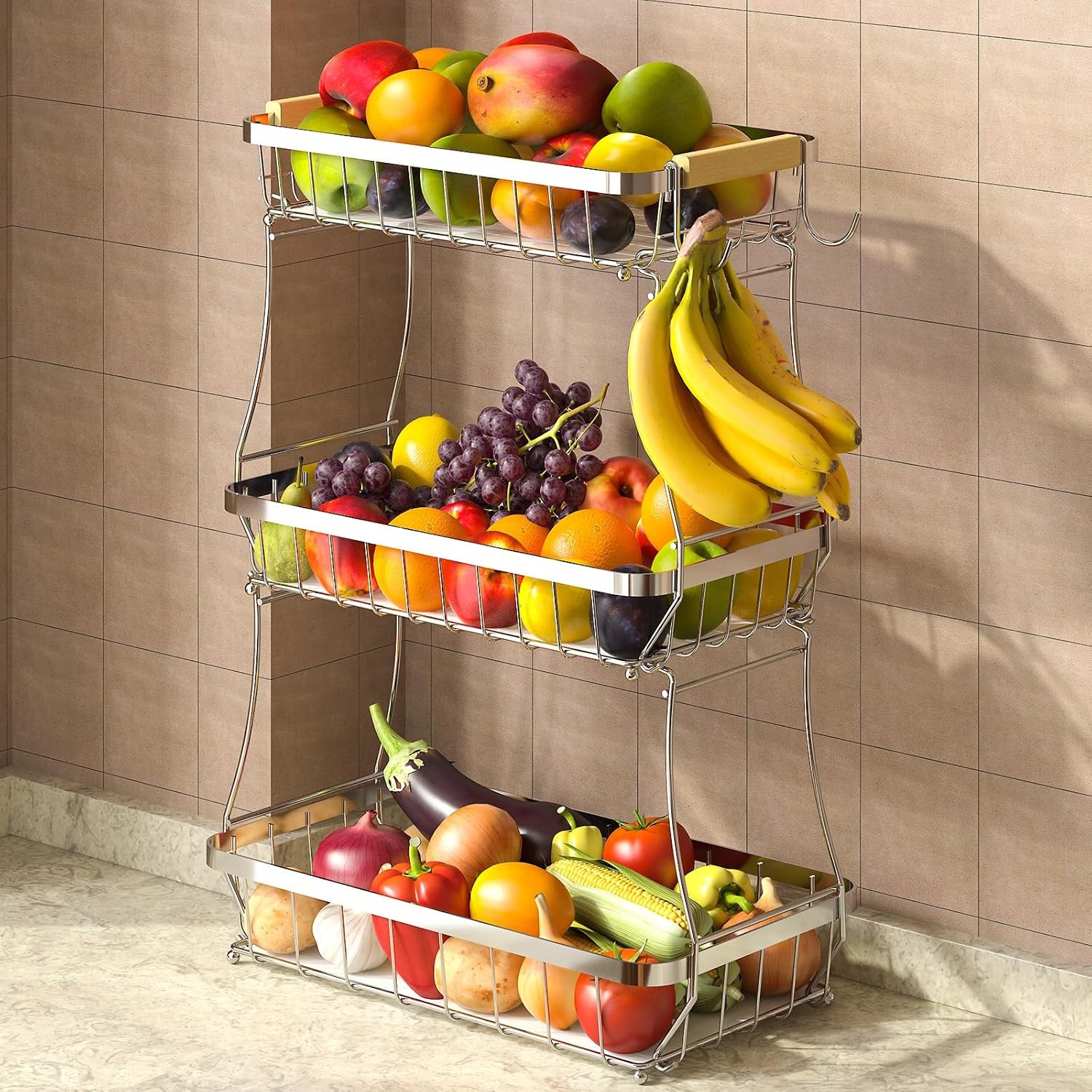 image:imageSevenblue 2 Tier Large Fruit Basket for Kitchen Counter with 2 Mobile Banana Hangers 2026 Pro Detachable Metal Fruit Bowl with Wooden Handle Silver 2 Tier Extra LargeSilver