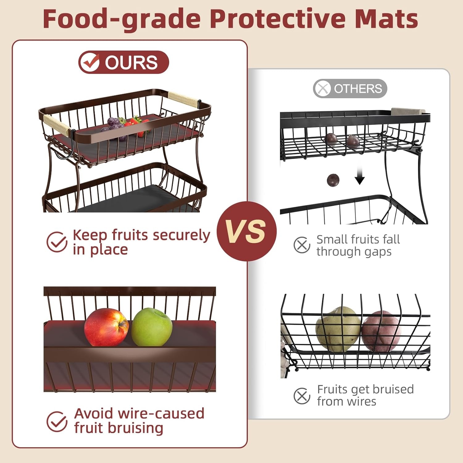image:imageSevenblue 2 Tier Large Fruit Basket for Kitchen Counter with 2 Mobile Banana Hangers 2026 Pro Detachable Metal Fruit Bowl with Wooden Handle Silver 2 Tier Extra LargeBrown