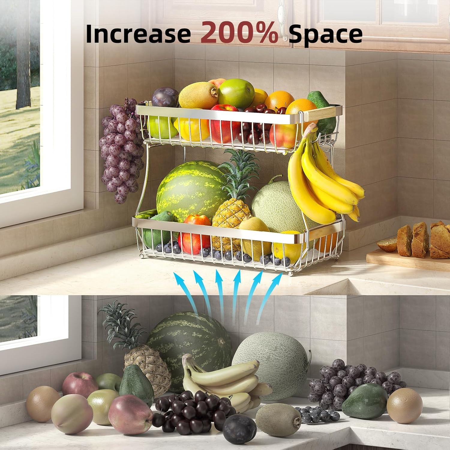 image:imageSevenblue 2 Tier Large Fruit Basket for Kitchen Counter with 2 Mobile Banana Hangers 2026 Pro Detachable Metal Fruit Bowl with Wooden Handle Silver 2 Tier Extra LargeSilver