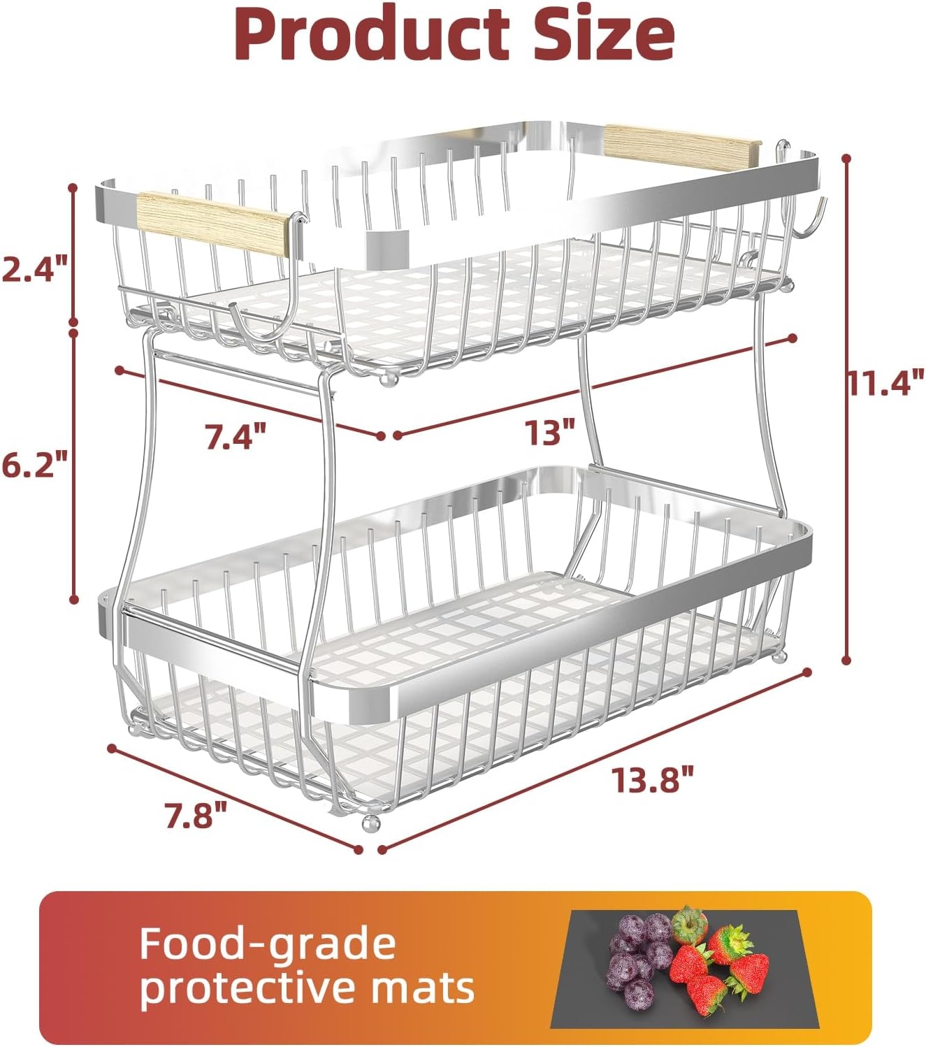 image:imageSevenblue 2 Tier Large Fruit Basket for Kitchen Counter with 2 Mobile Banana Hangers 2026 Pro Detachable Metal Fruit Bowl with Wooden Handle Silver 2 Tier Extra LargeSilver