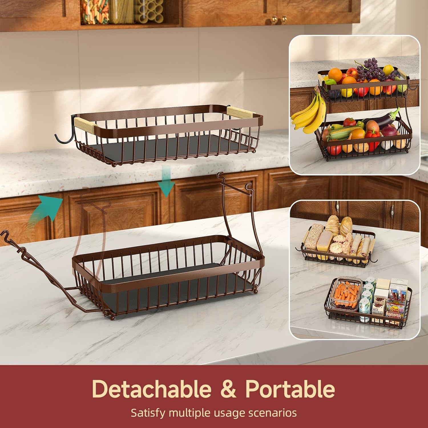 image:imageSevenblue 2 Tier Large Fruit Basket for Kitchen Counter with 2 Mobile Banana Hangers 2026 Pro Detachable Metal Fruit Bowl with Wooden Handle Silver 2 Tier Extra LargeBrown